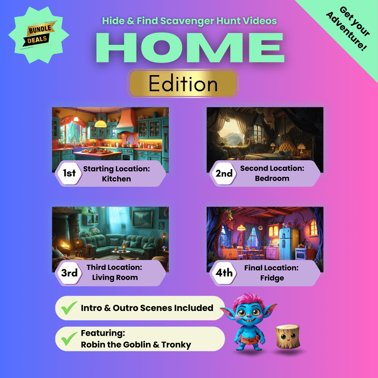 Image video bundle for Home edition scavenger hunt video for kids with locations: kitchen, bedroom, living room, and fridge. Price: £16.