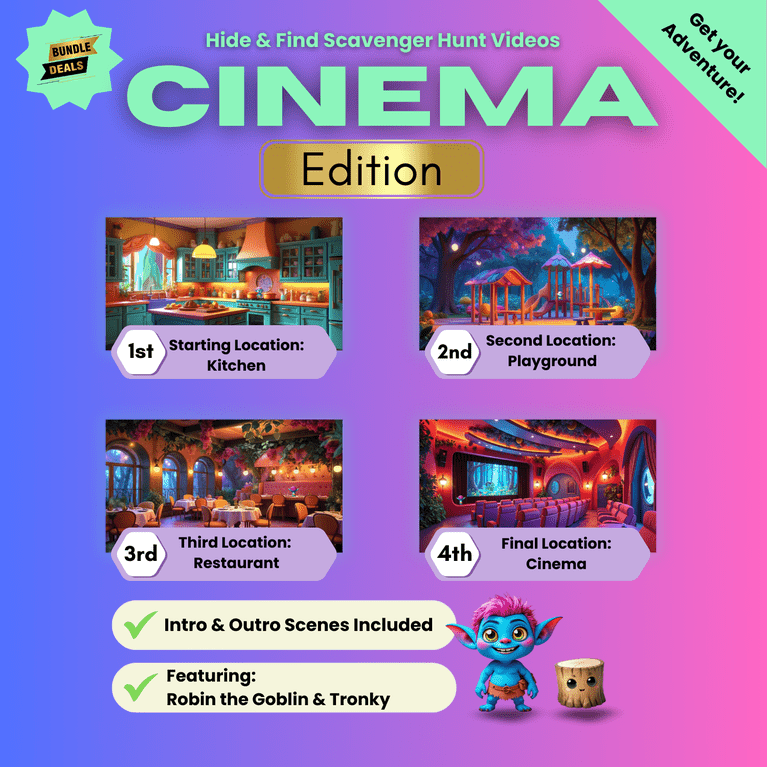 Image video bundle for Cinema edition scavenger hunt video for kids with locations: kitchen, playground, restaurant, and cinema. Price: £16.
