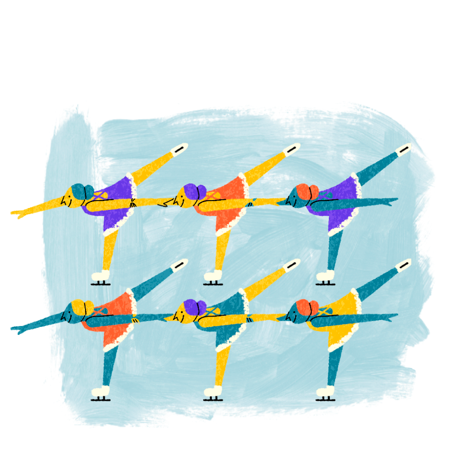 Colorful illustration of six people practicing yoga, each in a different pose, on a blue background.