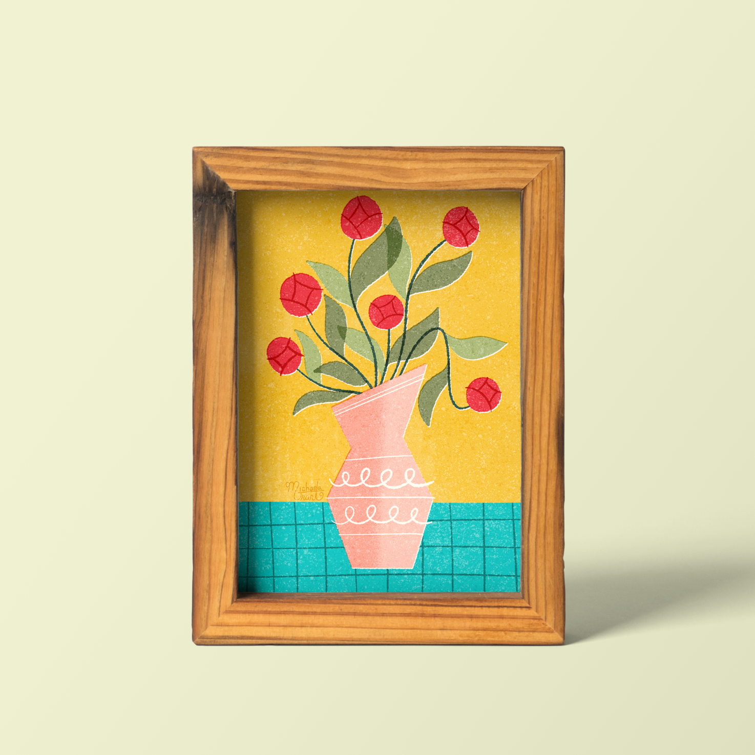 A mid-century modern illustration of a pink vase with white squiggle patterns holding a bouquet of red peony flowers with green leaves against a yellow background and a blue-green grid-patterned surface.