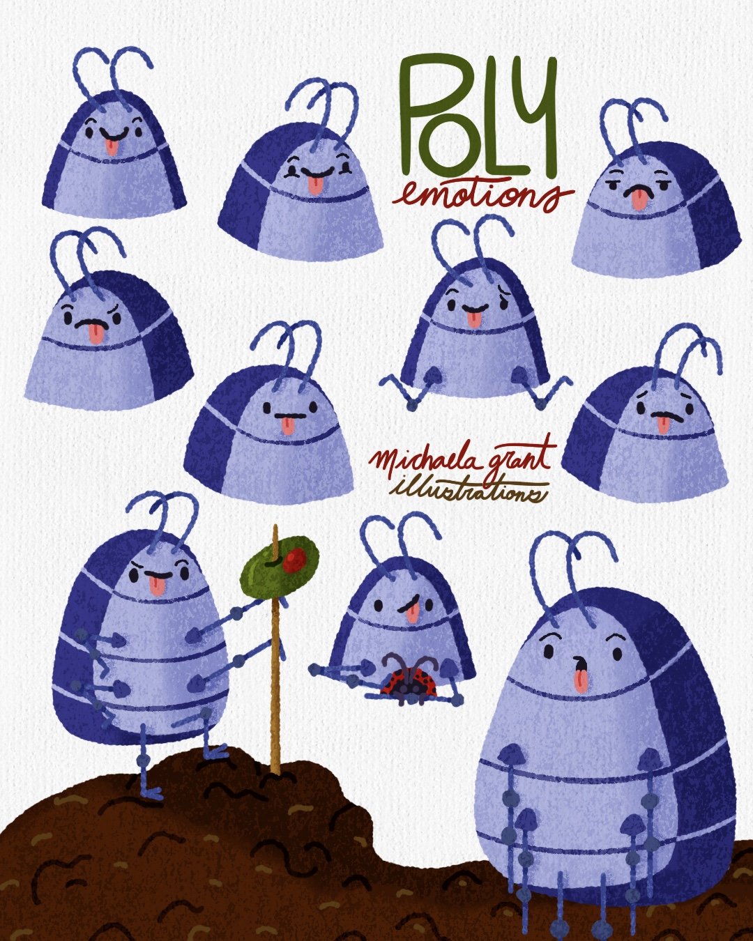 Illustration of blue and purple pill bugs with happy and sad facial expressions, some holding a ladybug and a leaf, with the text 'Poly Emotions' and 'Michaela Grant illustrations'.