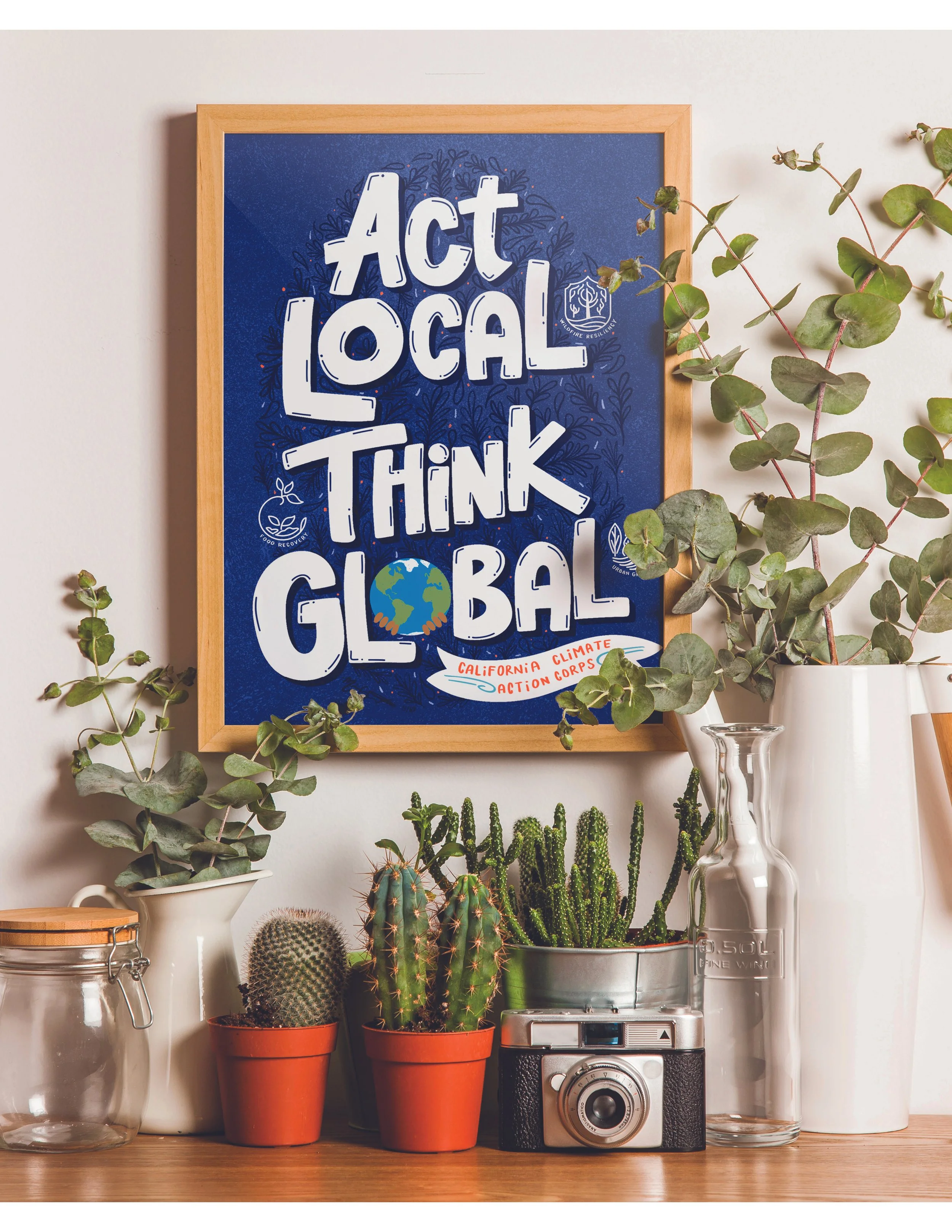 Decorative indoor scene with potted cacti, clear glass containers, a vintage camera, and a framed poster on a white wall that reads 'Act Local Think Global' surrounded by greenery.