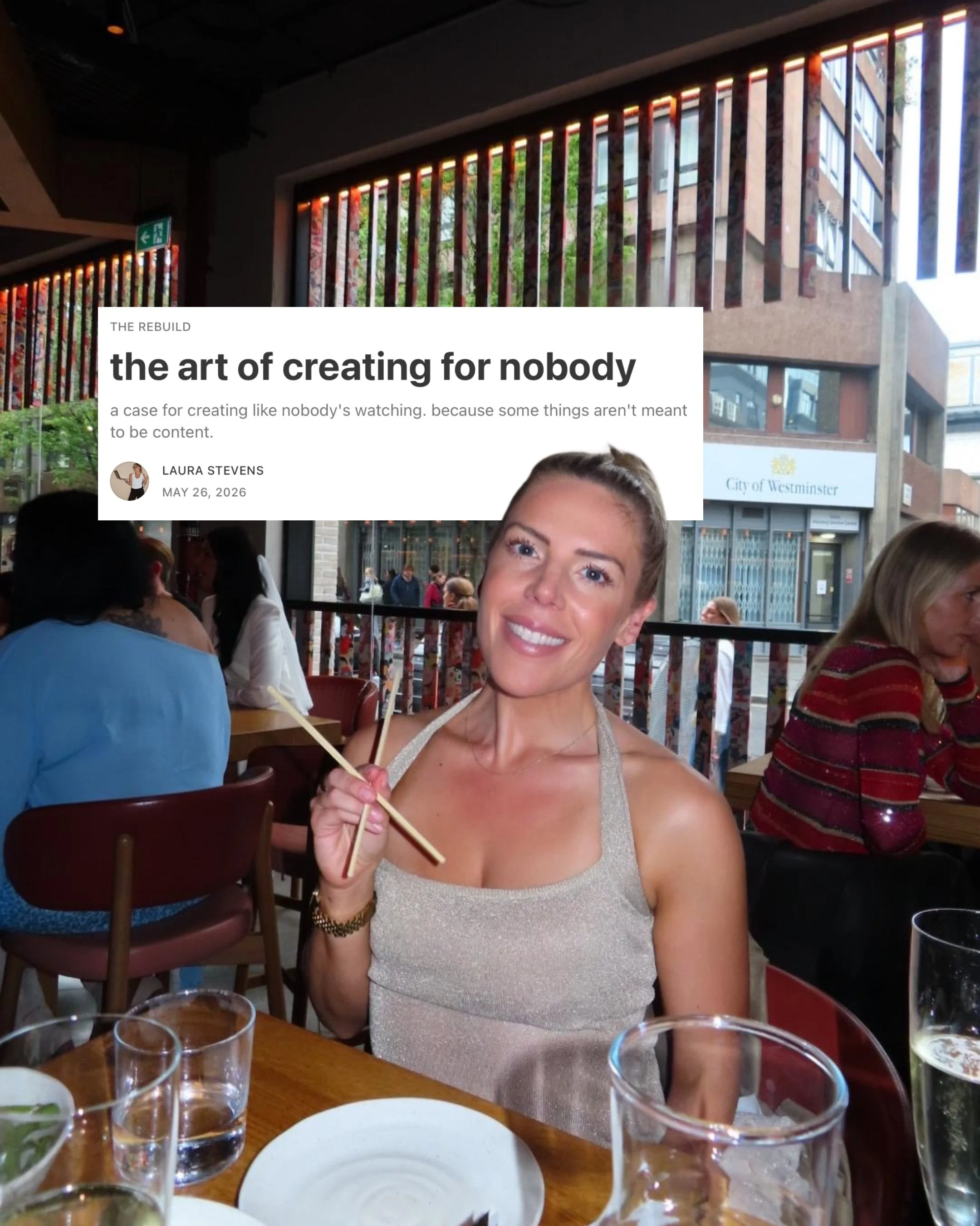 latest substack on the art of creating for nobody, something that i feel like we&rsquo;ve lost along the way without even realising. 

creativity isn&rsquo;t performance, it&rsquo;s in the small things we do in everyday life even if nobody were to se