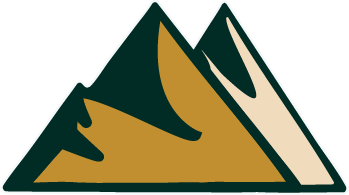 Stylized mountain logo with dark green, brown, and beige colors.
