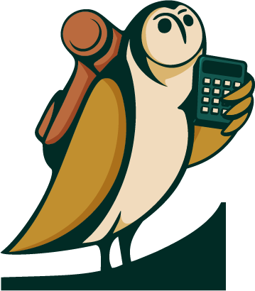 Cartoon owl character wearing a backpack and holding a calculator.