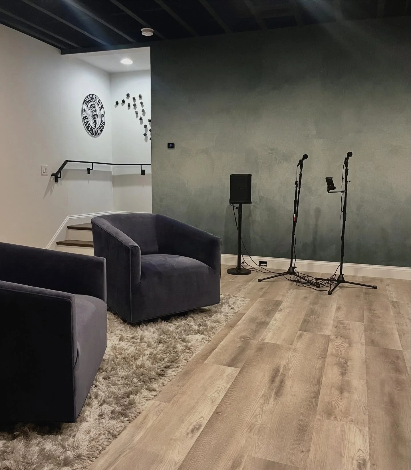 Name your go to karaoke song 🎶

Topping off this basement with mural wallpaper, art, accent walls, signs and so much more.