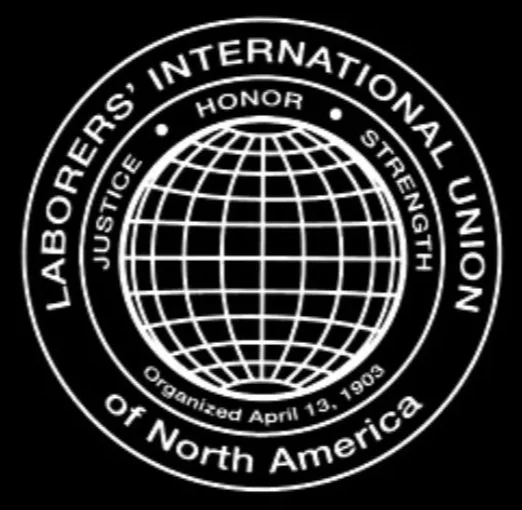 Black circular emblem of the Labour's International Union of North America with a globe at the center, surrounded by the words Justice, Honor, Strength, organized April 13, 1903.
