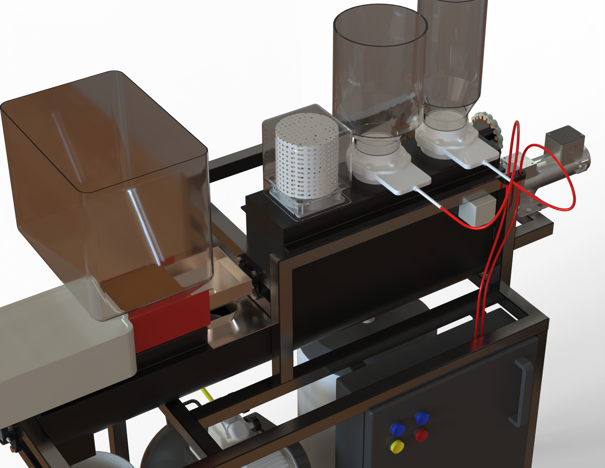 A detailed view of a laboratory or industrial machine with transparent containers, tubing, and electronic components, likely used for chemical or biological processing.