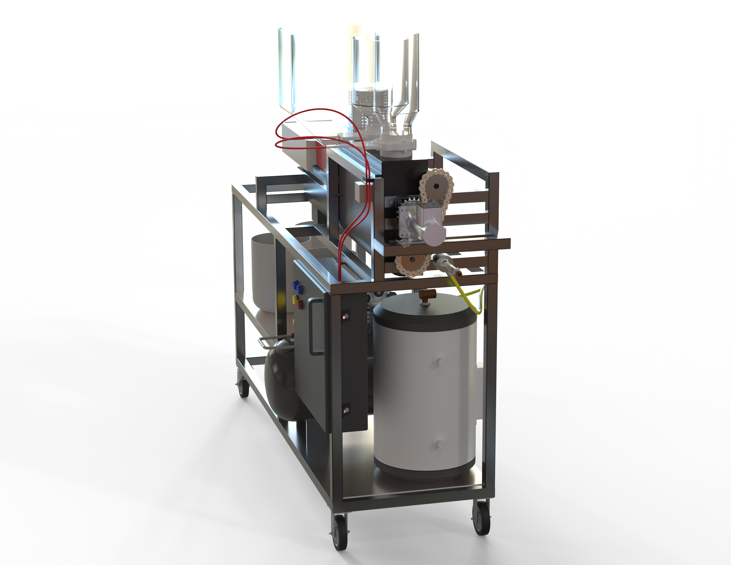 A laboratory or industrial machine with a metal frame, various gears, tubes, and containers, including a large white tank and a clear plastic funnel or chamber at the top.