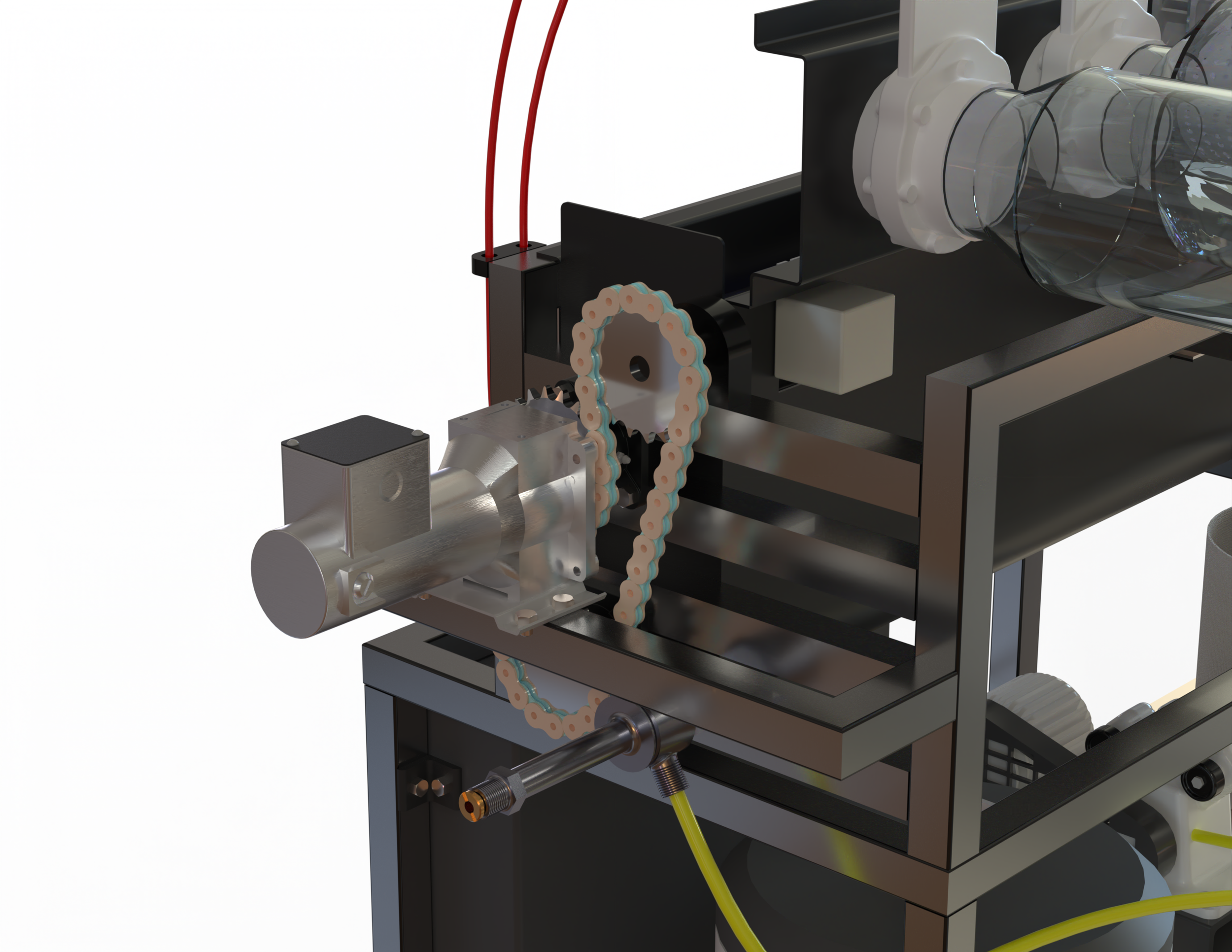 Close-up of a mechanical setup with a metal cylinder, a motor, and a chain or timing belt assembled on a black frame, with interconnected components and tubing.