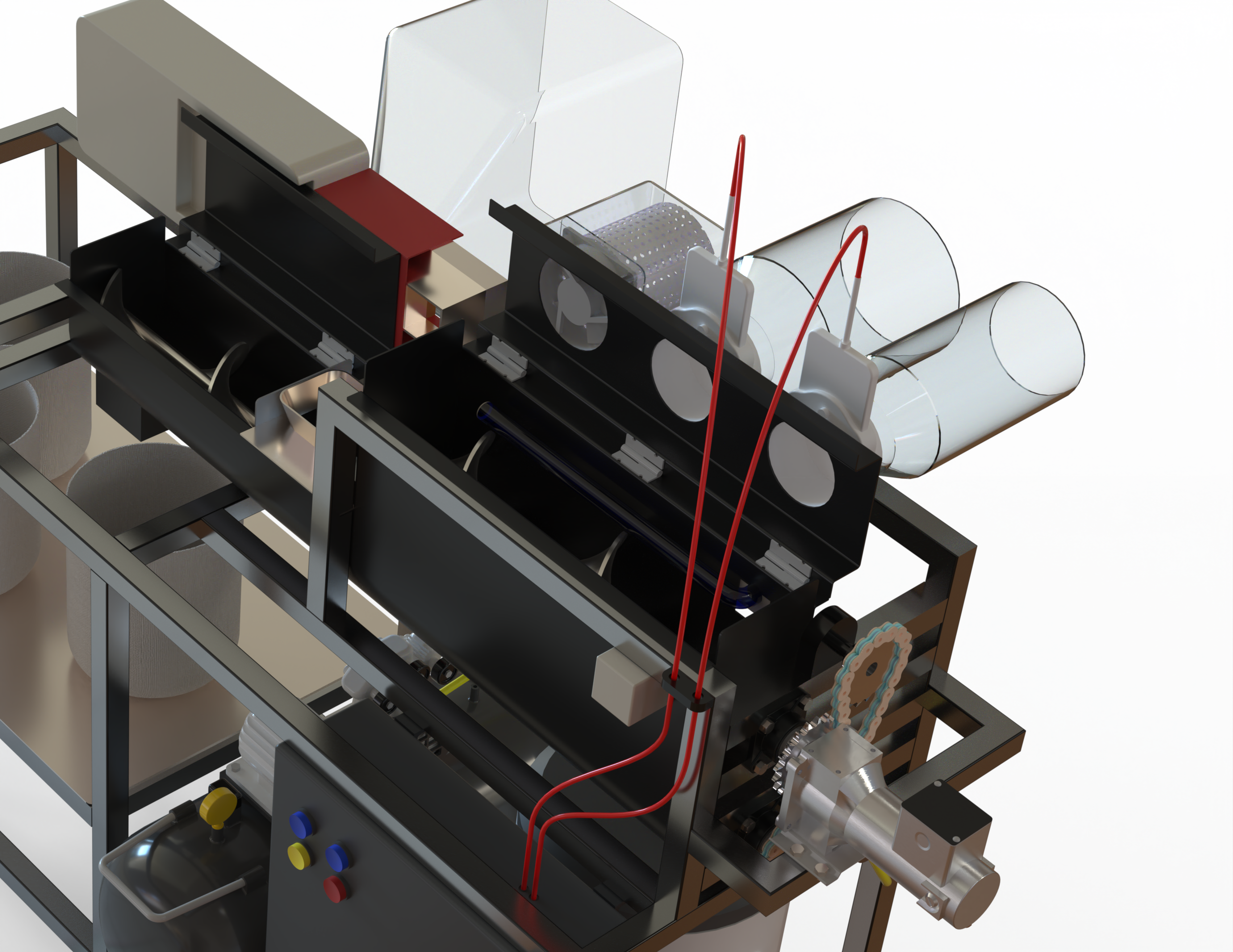 A complex laboratory instrument with various tubes, wires, and components mounted on a table, used for scientific experiments or manufacturing processes.