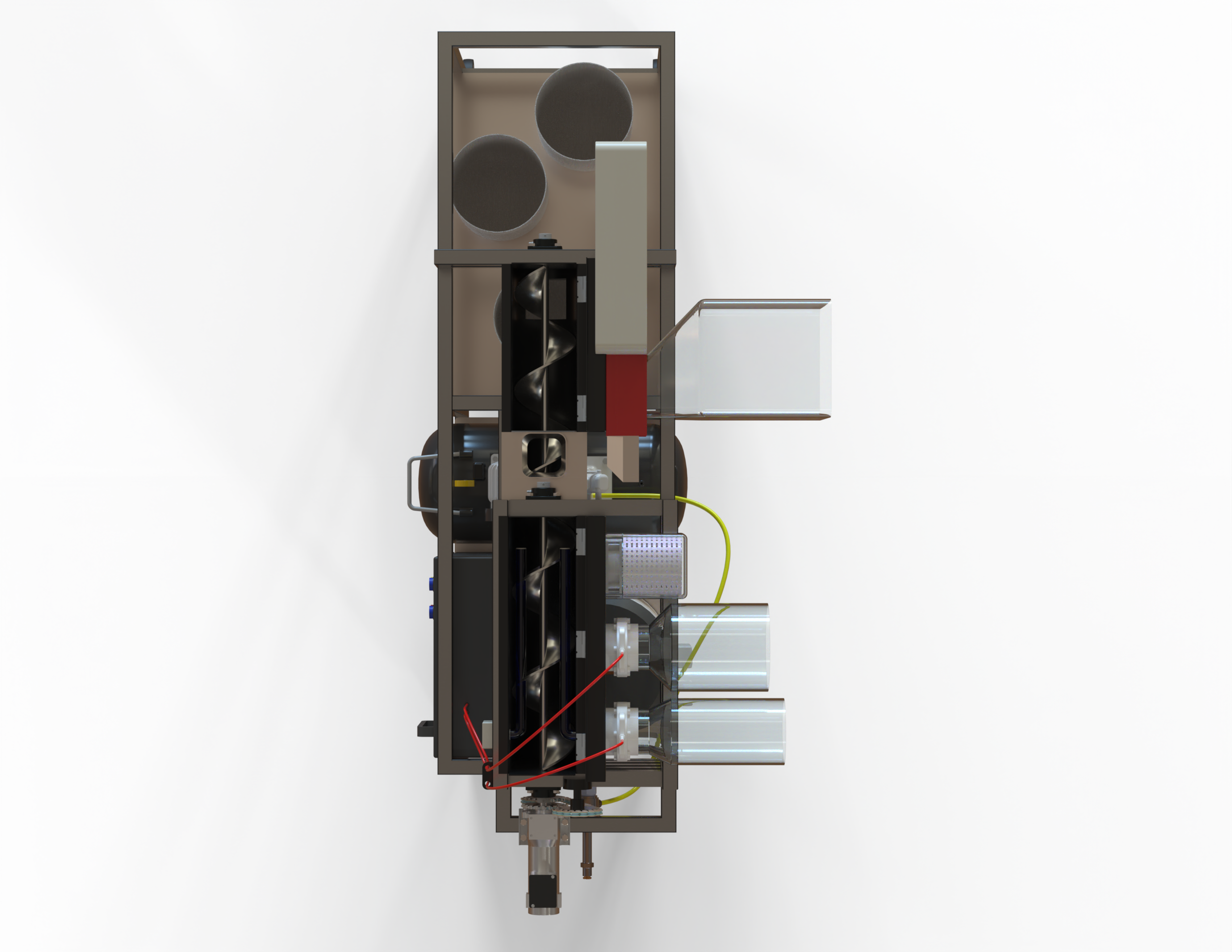 Top-down view of a complex mechanical device with various metal parts, tubes, and wires. The device appears to be some sort of industrial or scientific apparatus.