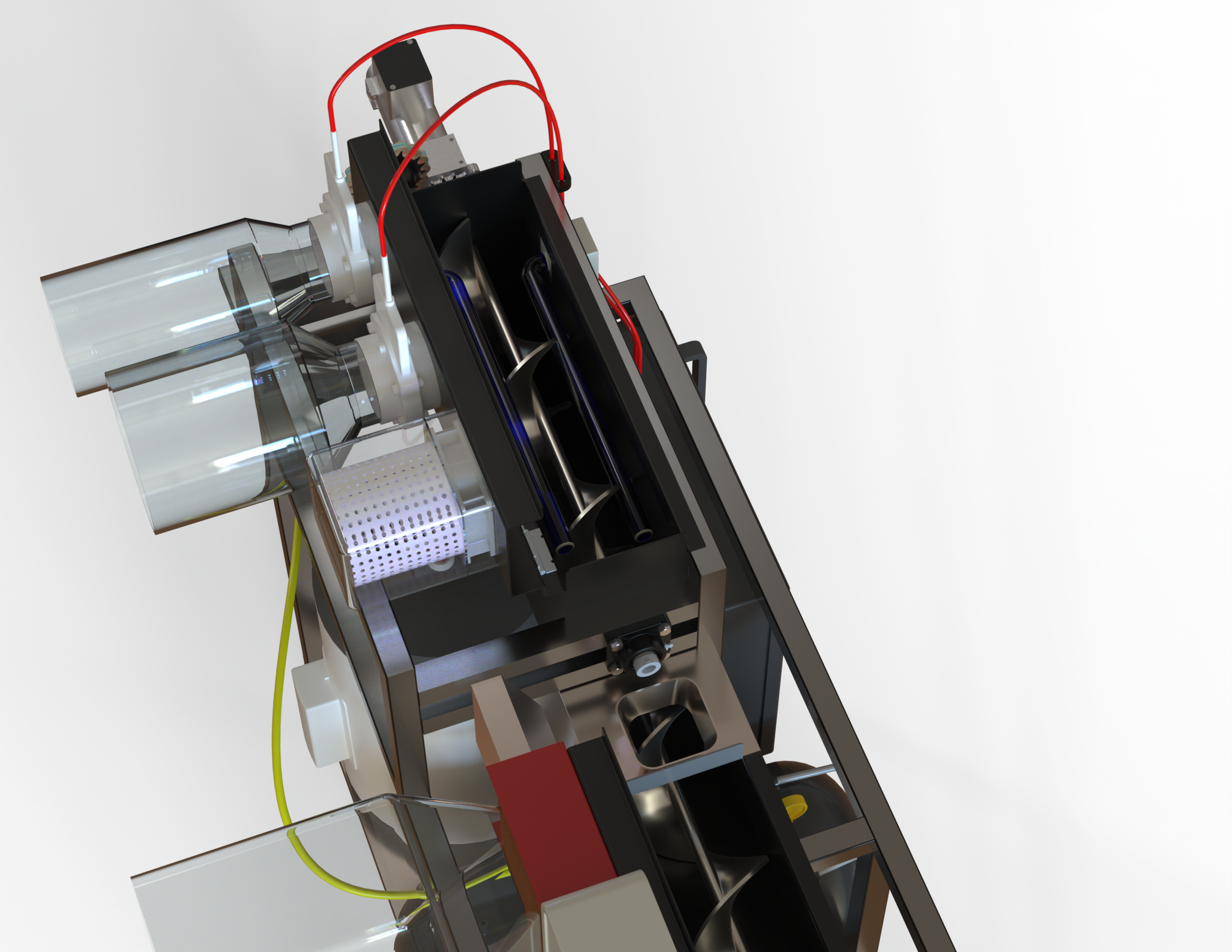 A scientific or medical device with transparent tubes, black components, and red and yellow wires, mounted on a metallic frame.