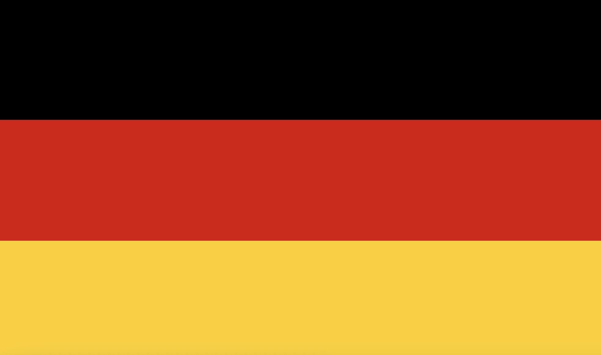 The flag of Germany with horizontal black, red, and gold stripes from top to bottom.