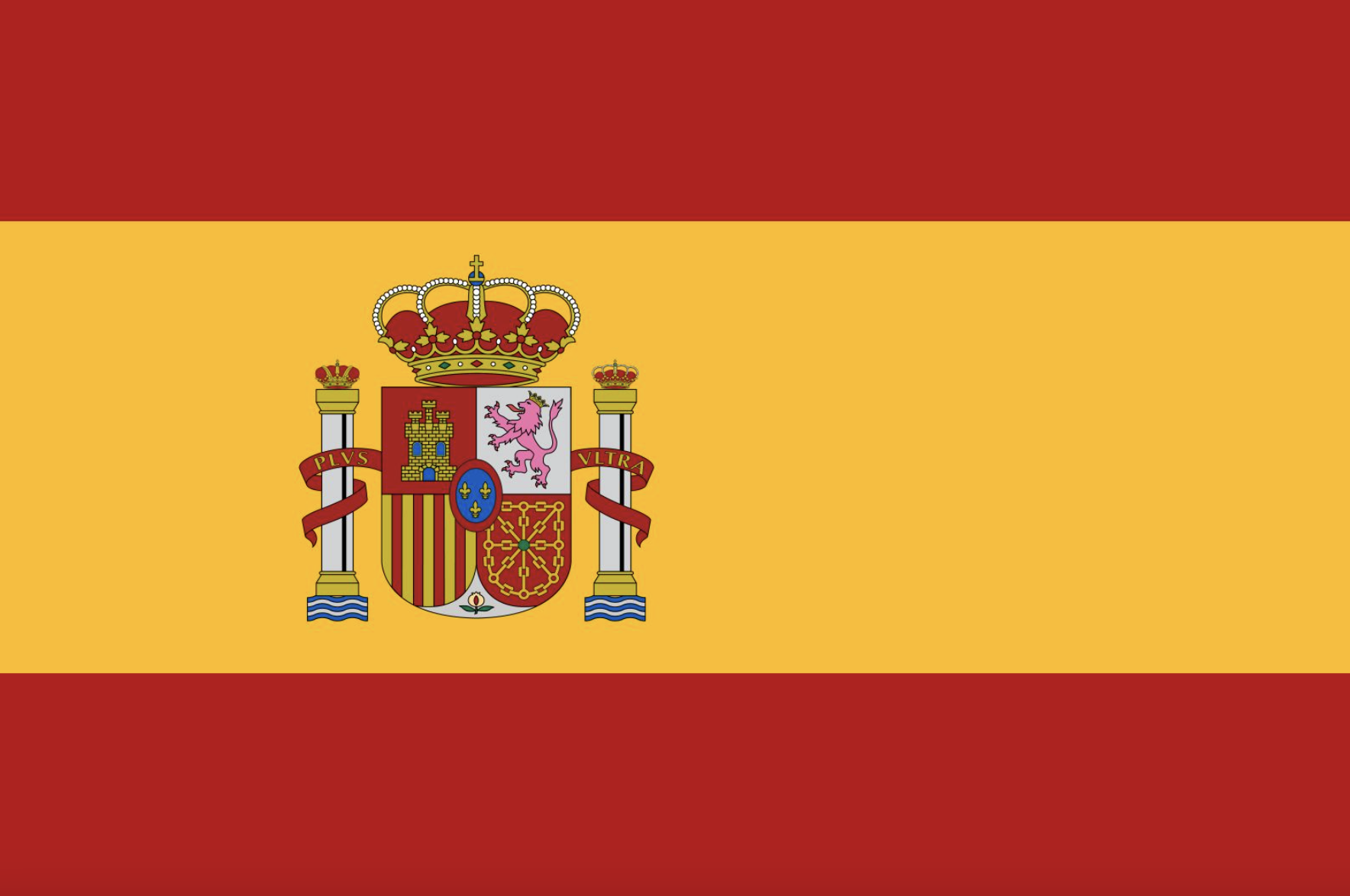 Spanish flag with three horizontal stripes: red at the top and bottom, and yellow in the middle with the national coat of arms.