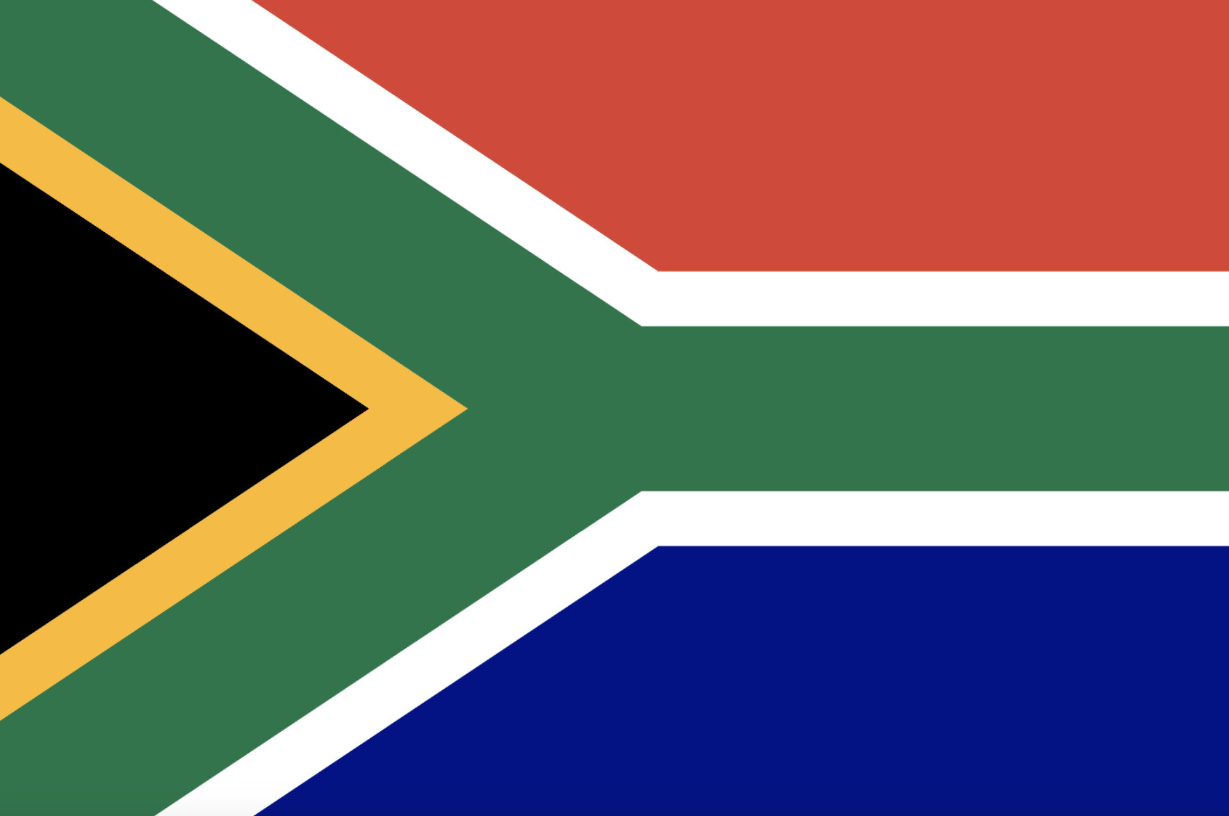 South African flag with green, black, yellow, white, red, and blue colors.