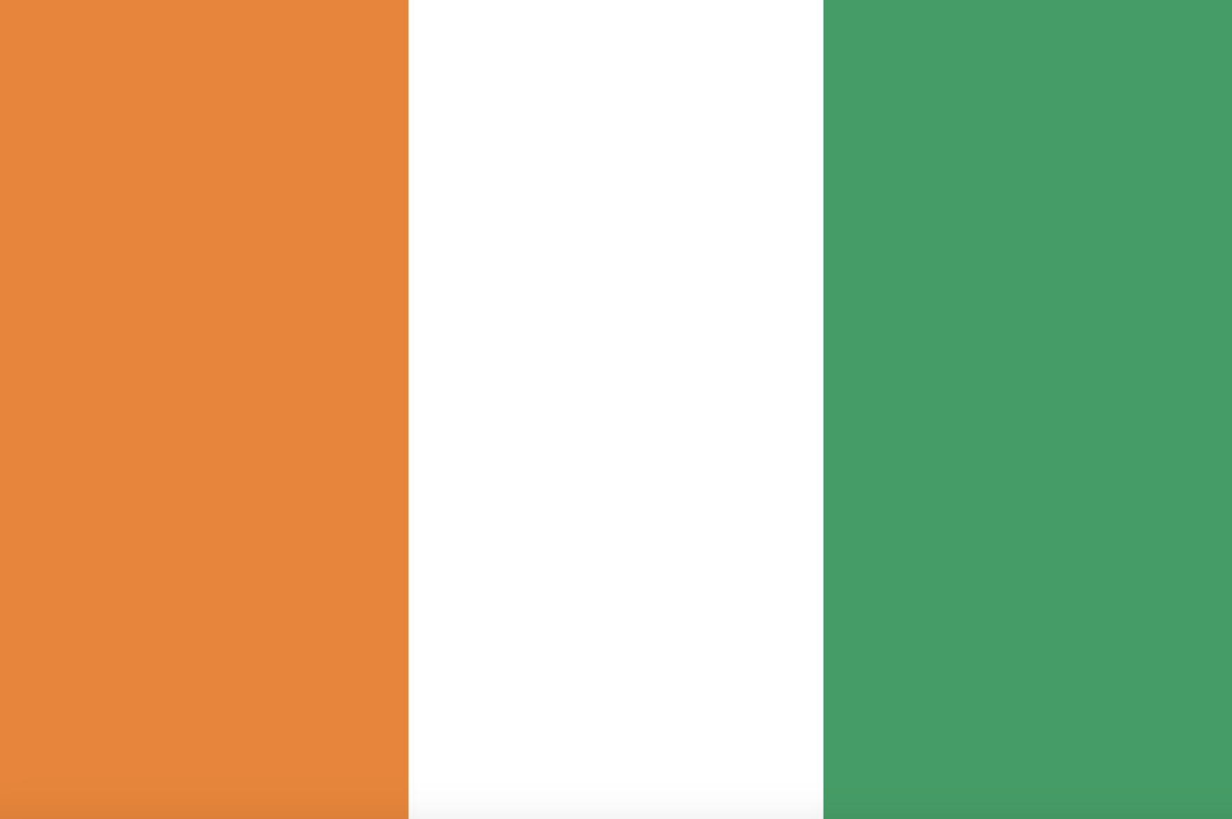 The flag of Ireland with vertical stripes of orange, white, and green.