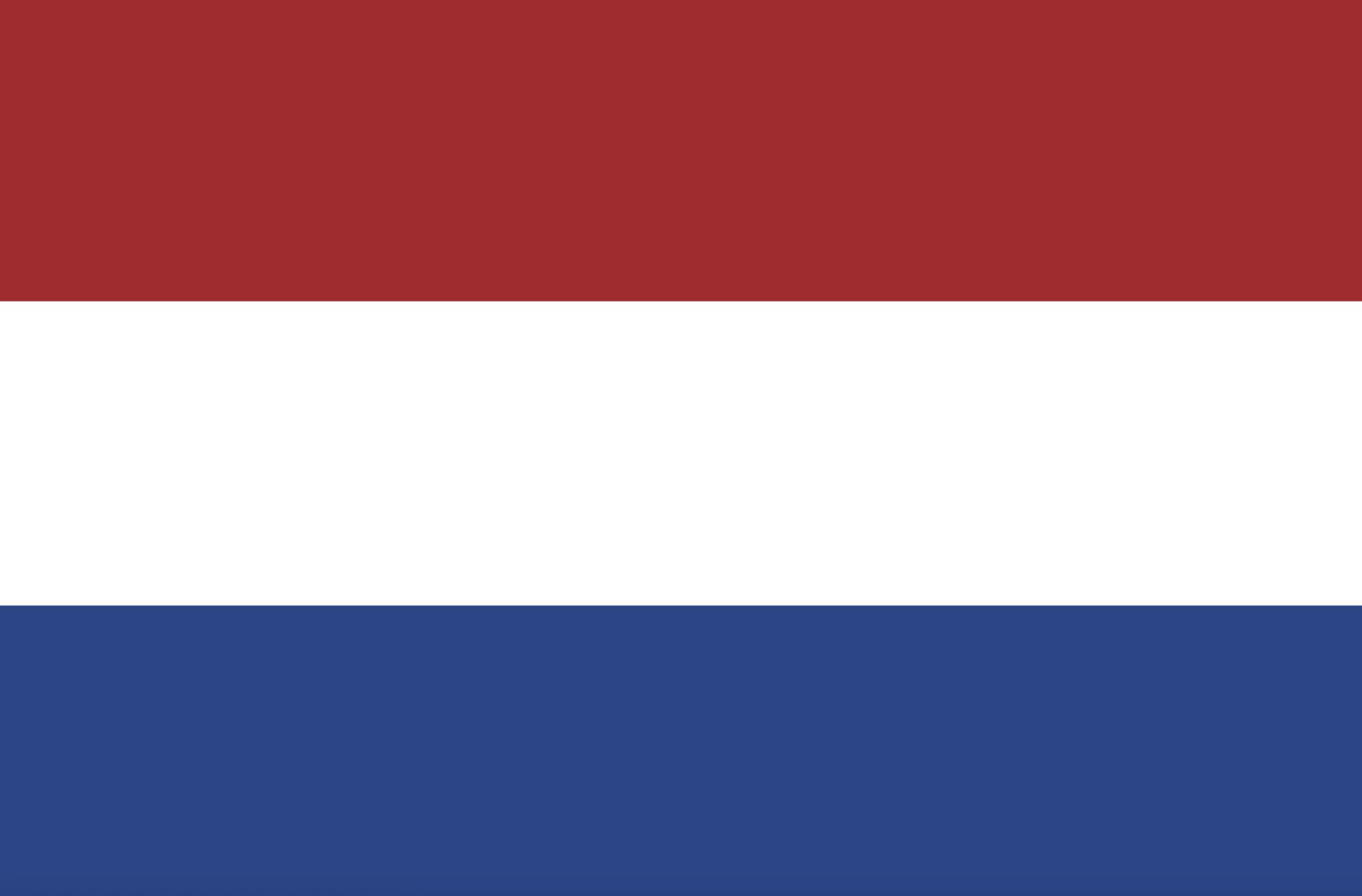 The flag of the Netherlands with horizontal stripes of red, white, and blue from top to bottom.