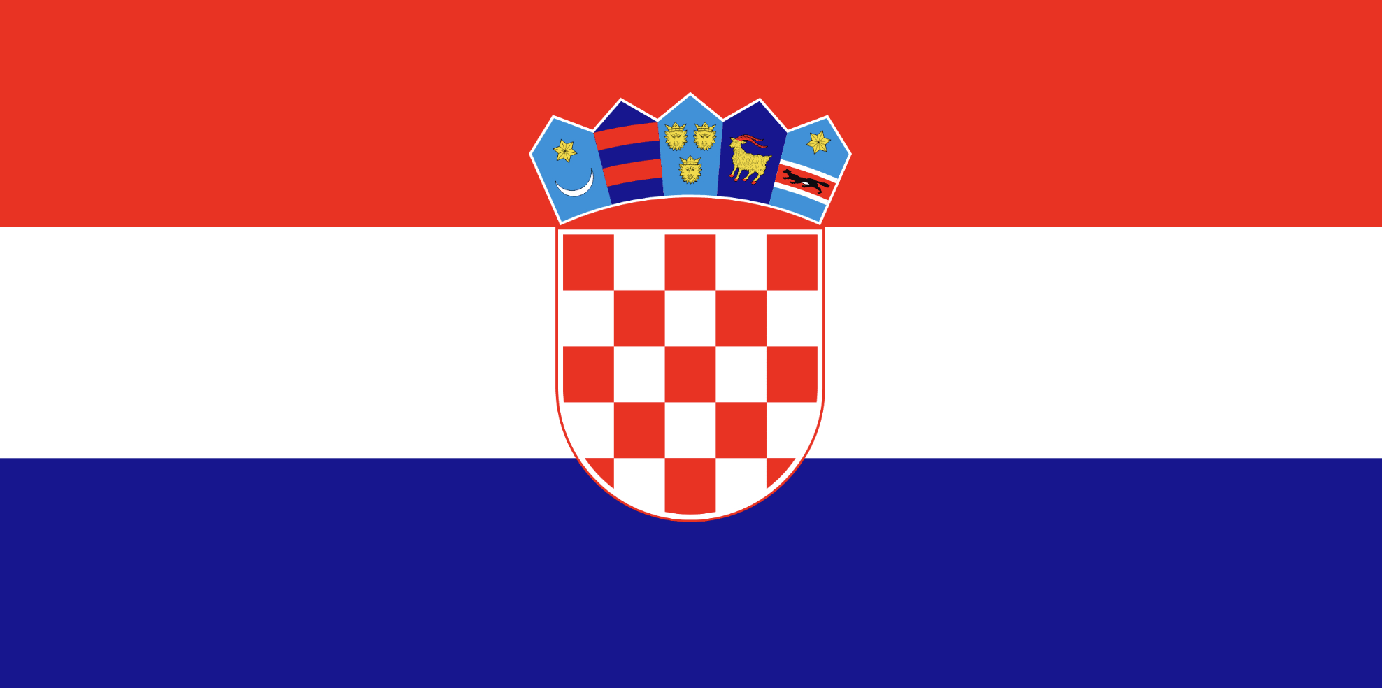 Croatian flag with red, white, and blue horizontal stripes and a coat of arms in the center featuring a red and white checkerboard shield and five smaller shields above.