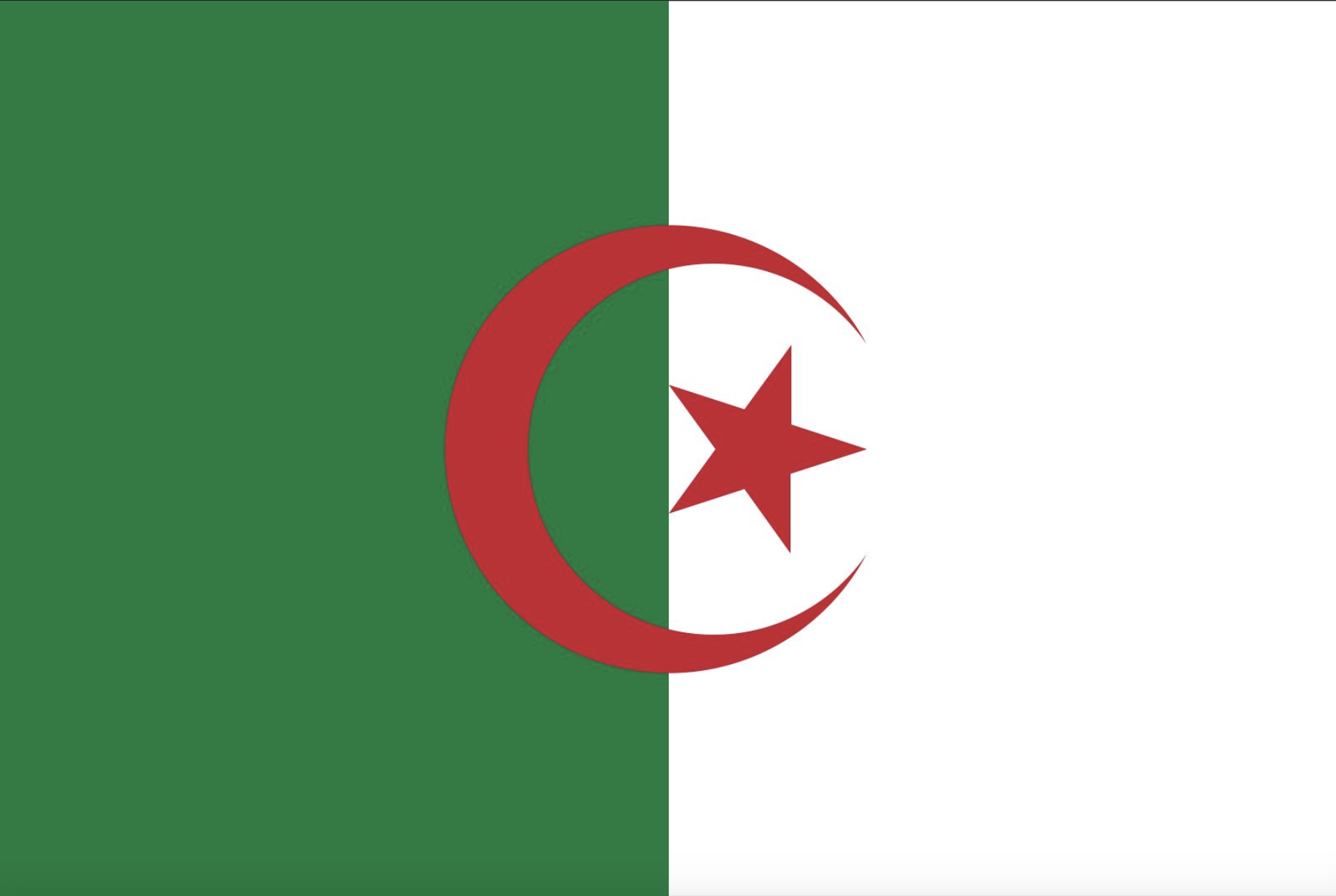 Algerian flag with green and white vertical stripes, red crescent and star in the center.