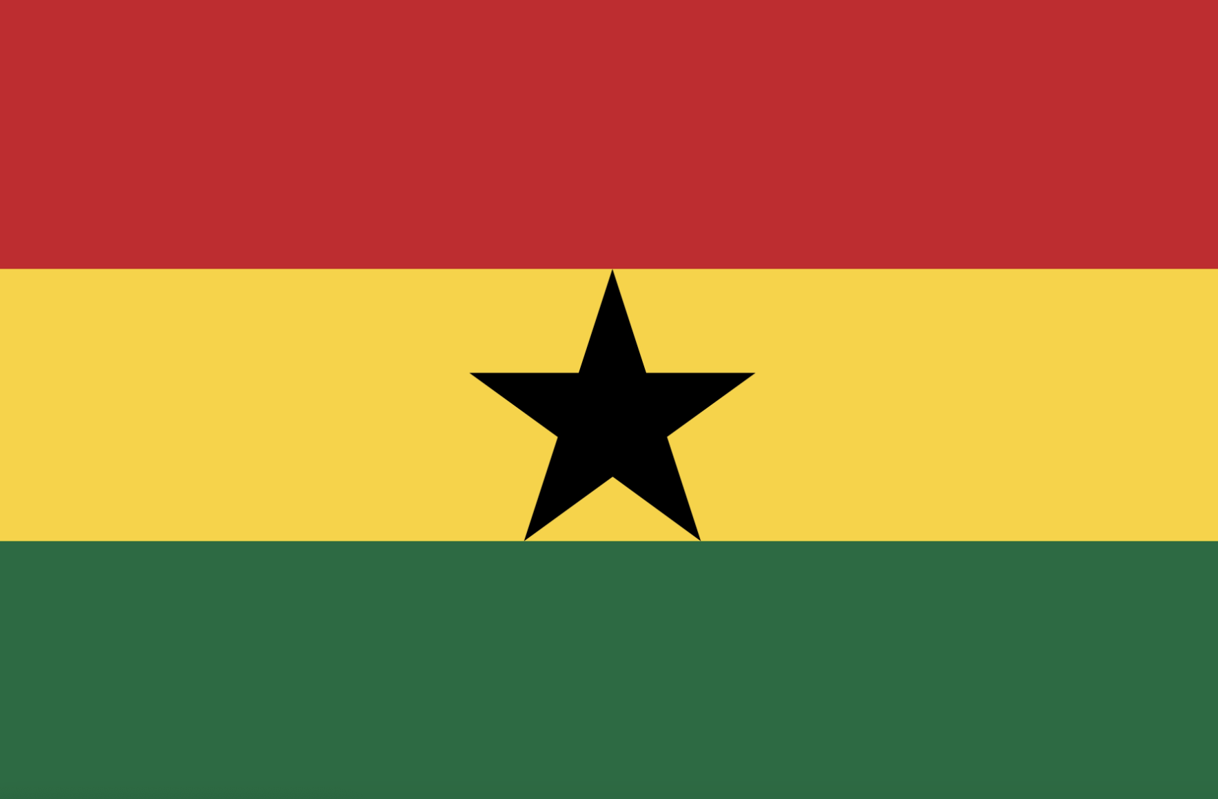 The flag of Ghana, featuring three horizontal stripes of red, yellow, and green with a black star in the center of the yellow stripe.