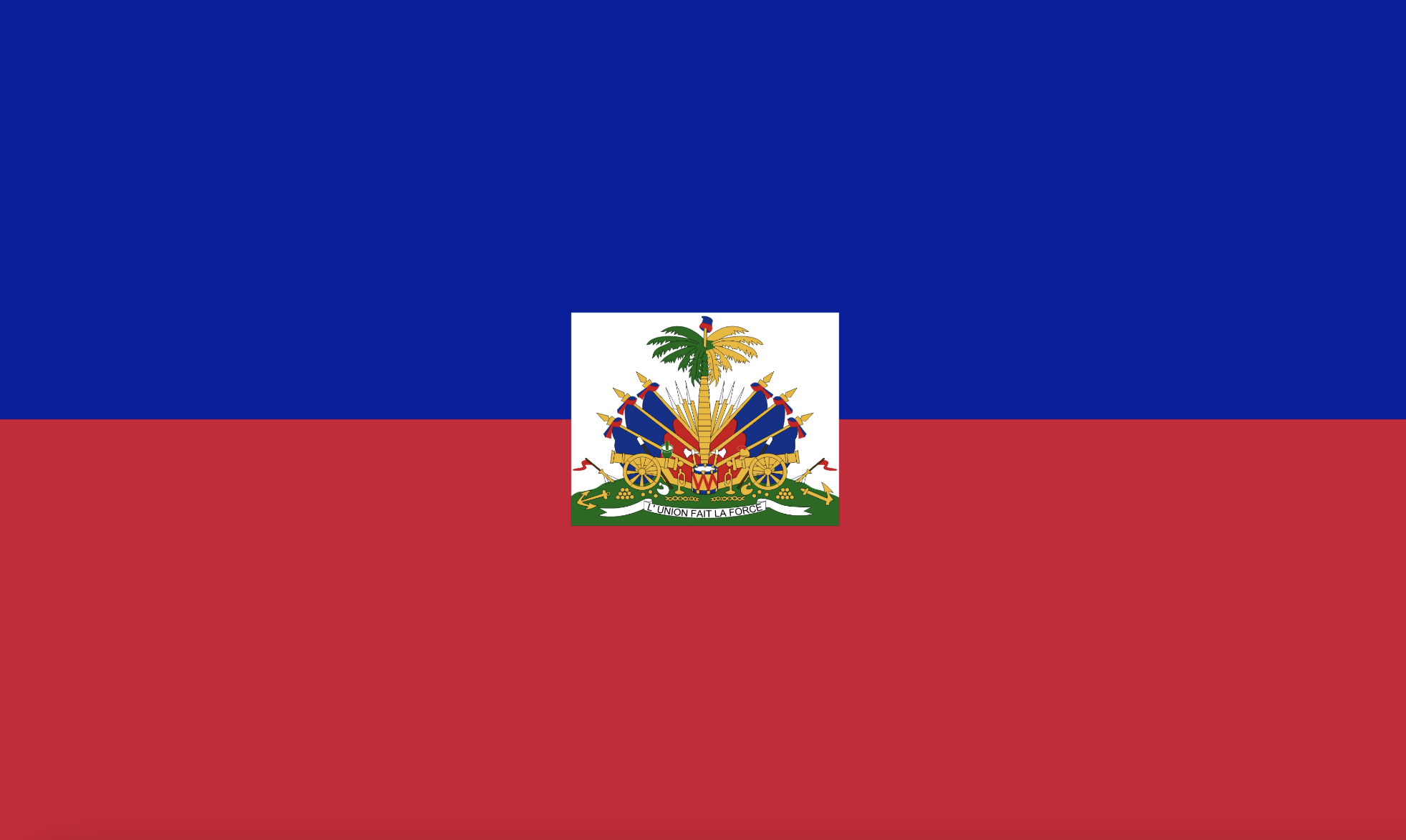 The national flag of Haiti with blue, red, and a central coat of arms featuring cannons, flags, a palm tree, and the motto 'L'Union Fait La Force'.