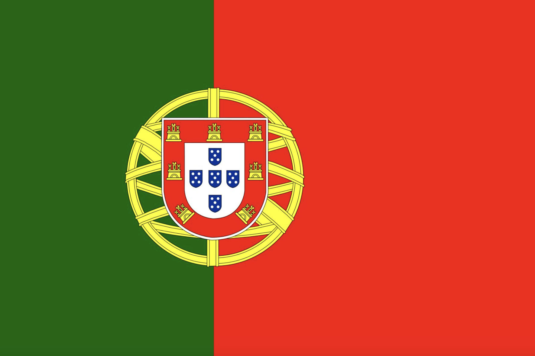 Flag of Portugal with a green and red background and the national coat of arms in the center.