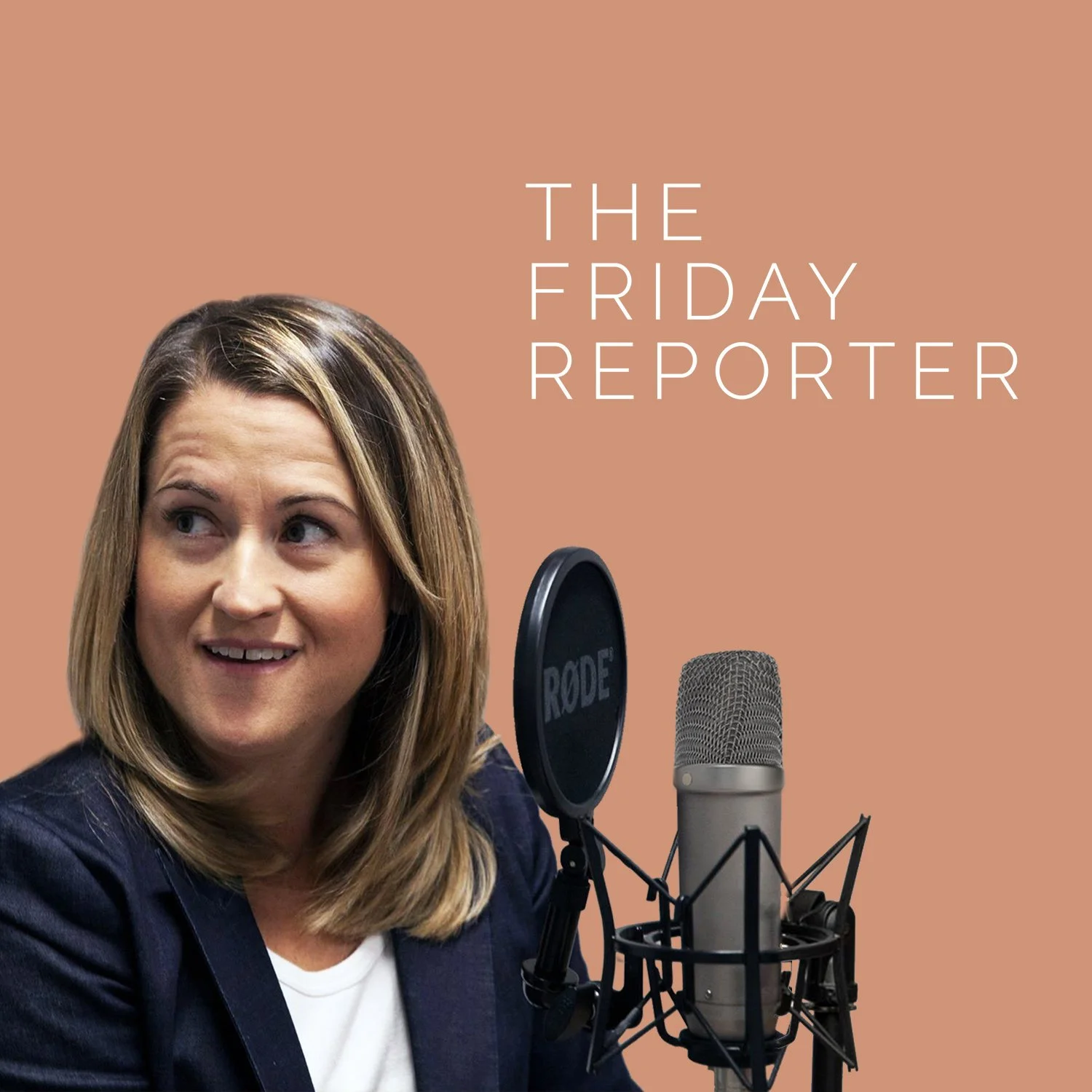 A woman with shoulder-length blond hair smiling in front of a microphone with a pop filter and a studio microphone. The background is a neutral peach color with the text 'The Friday Reporter'.