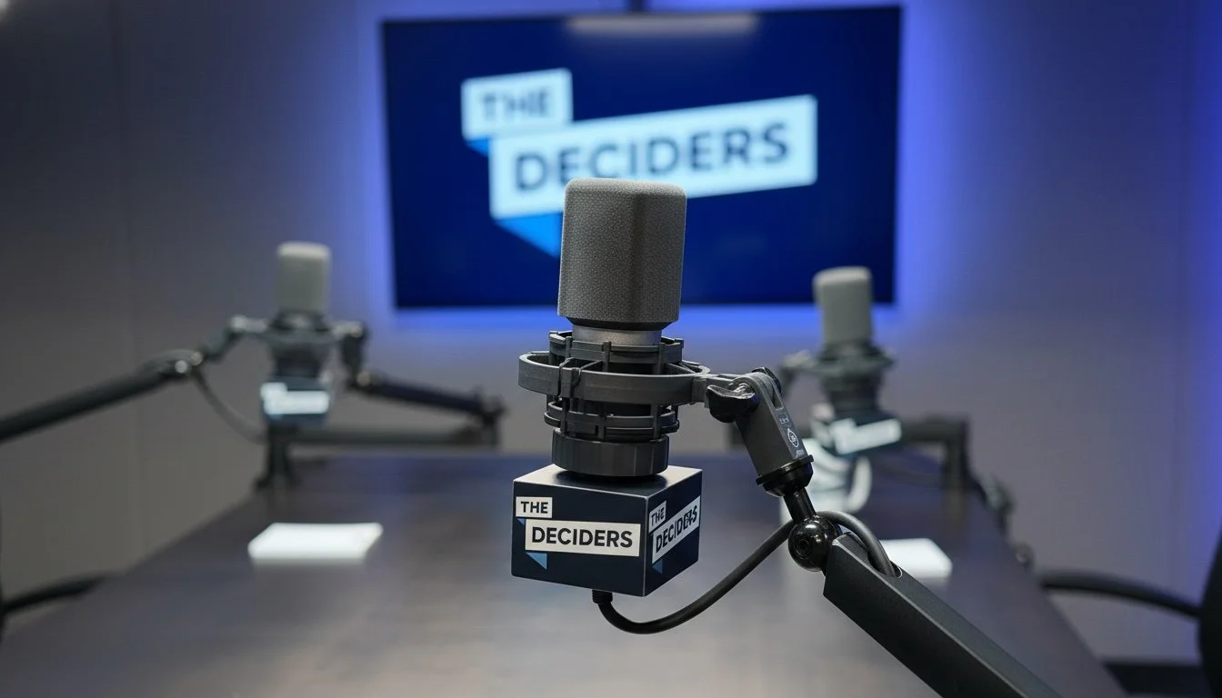 Podcast recording studio with three microphones on a dark table and a screen in the background displaying the text 'The Deciders'.