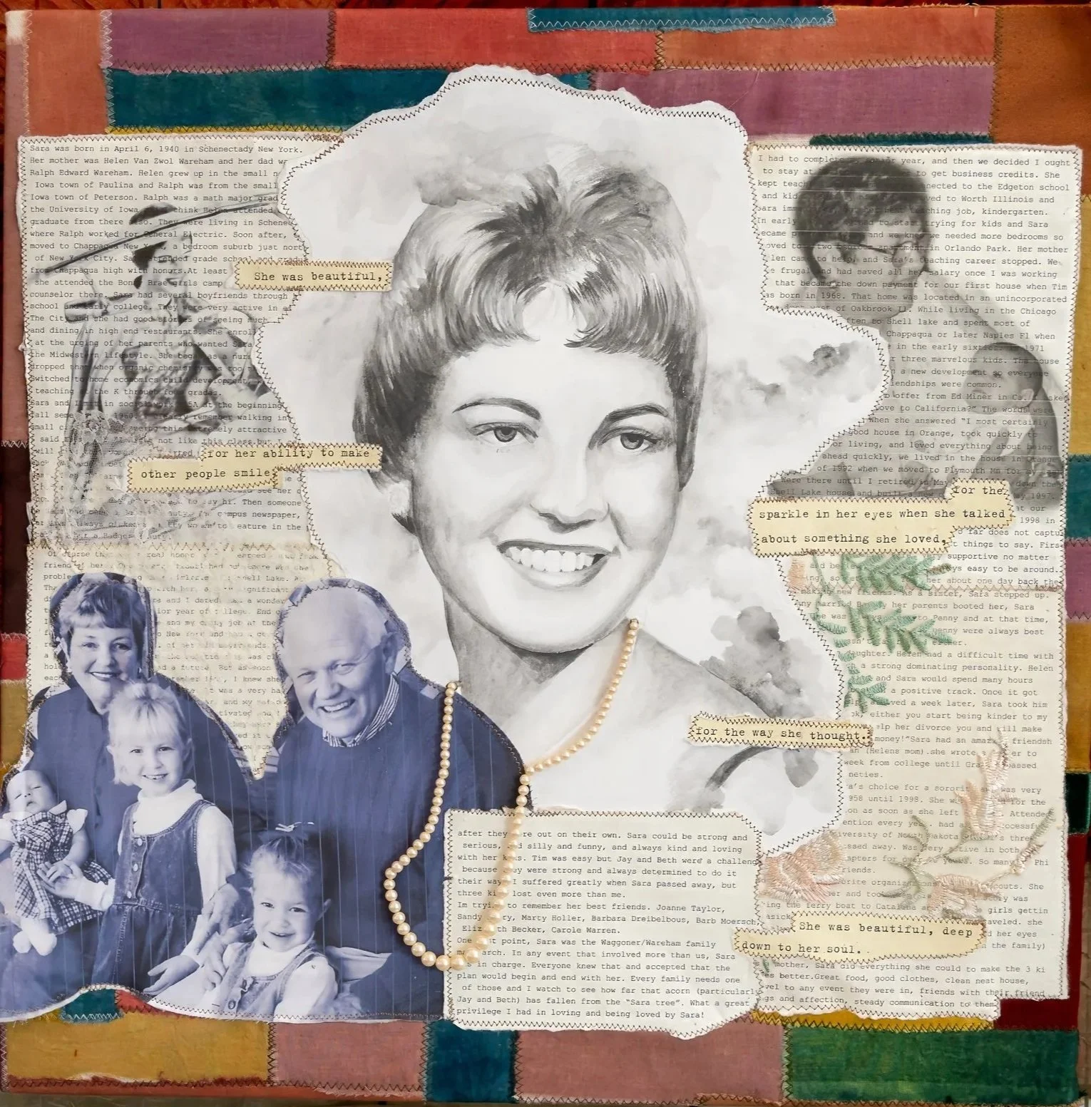 A collage featuring a large black and white painted portrait of a smiling woman with short hair at the center, surrounded by smaller images, handwritten and printed text snippets, and decorative elements like green fern leaves and strings of pearls on a colorful, patchwork fabric background.