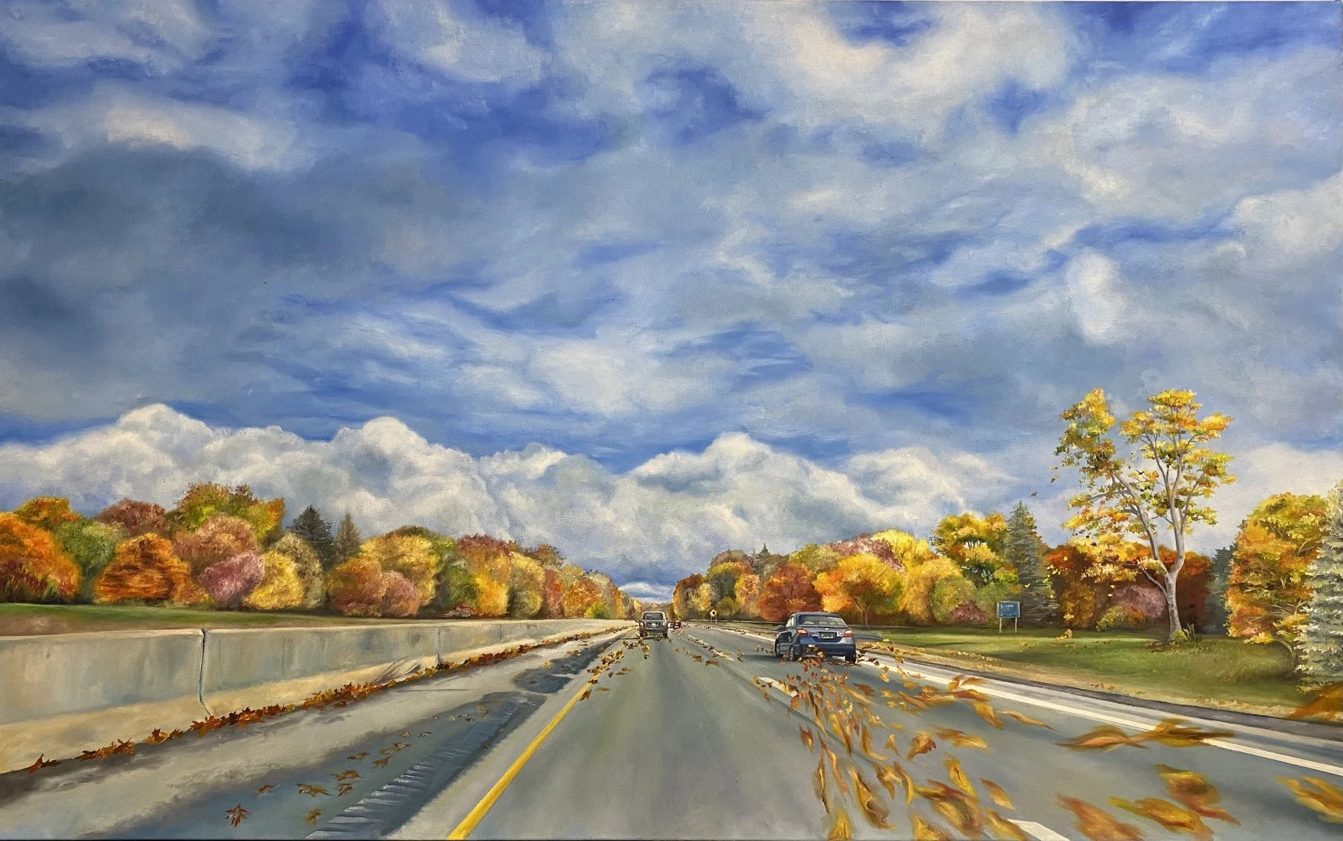 A painted scene of a highway surrounded by trees with vibrant fall colors, a blue sky with scattered clouds, and a few cars driving along the road.