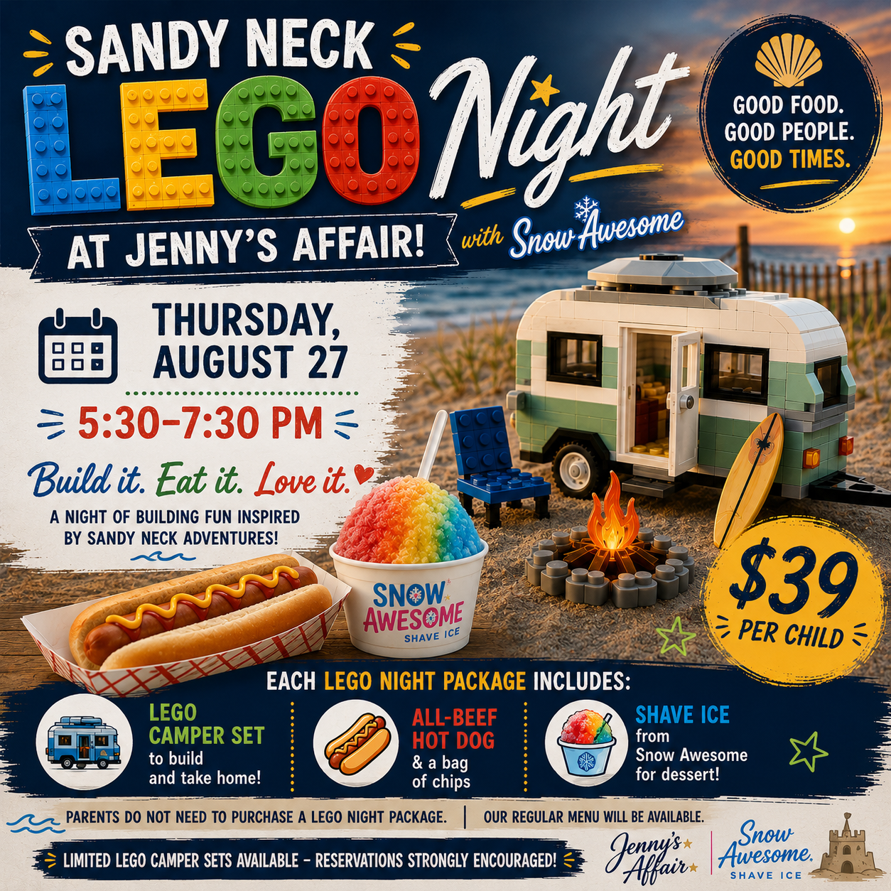 Lego Night 8/27 at Jenny's Affair 5:30 to 7:30 PM