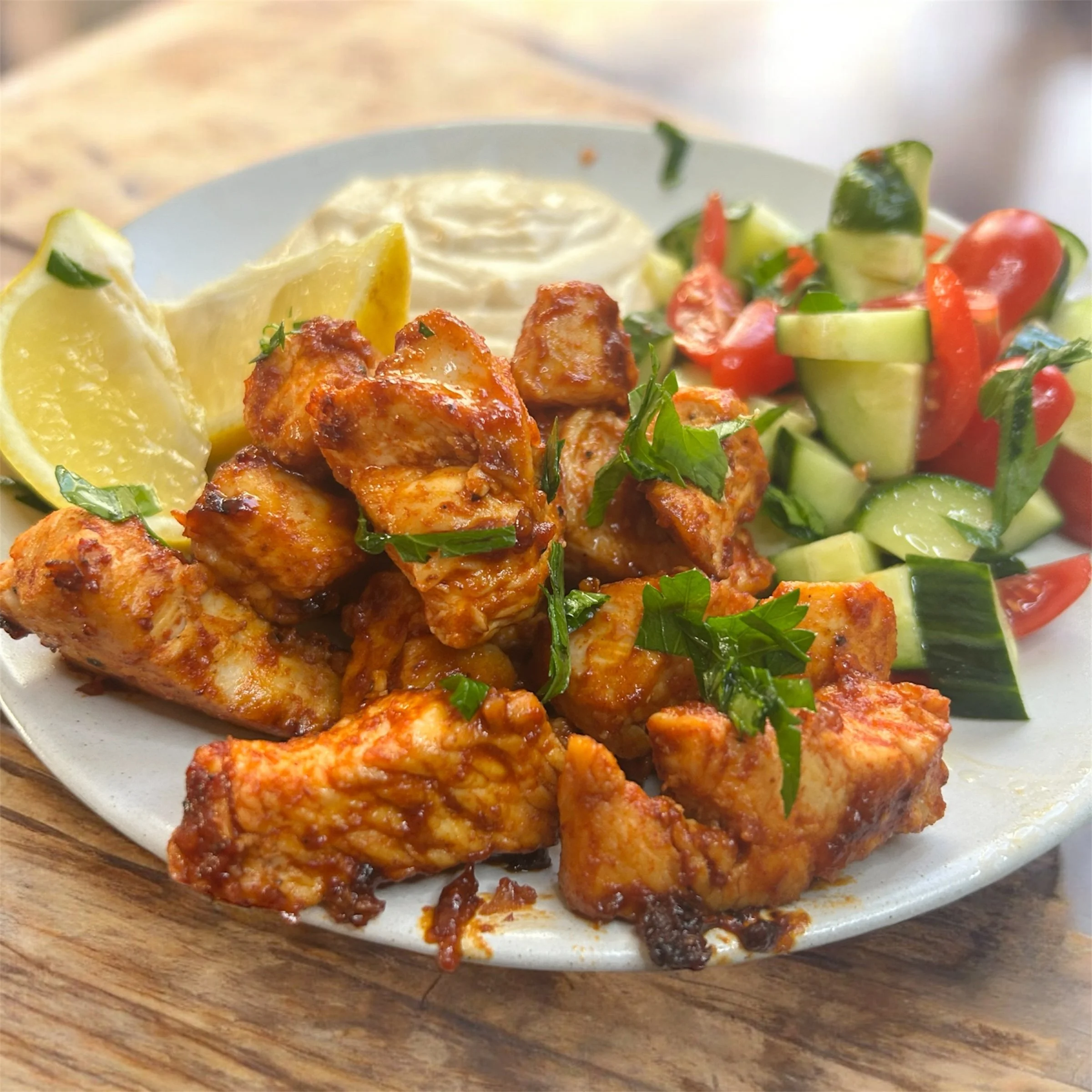 Lemon-Honey Chicken with Whipped Hummus & Fresh Cucumber Salad