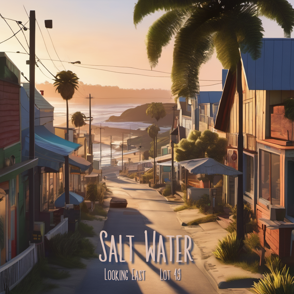 A road leading to the ocean in a sleepy Southern California beach town. Palm trees line the street. The bottom of the image has text reading 'Salt Water' and the name 'Looking East' and 'Lot 49'