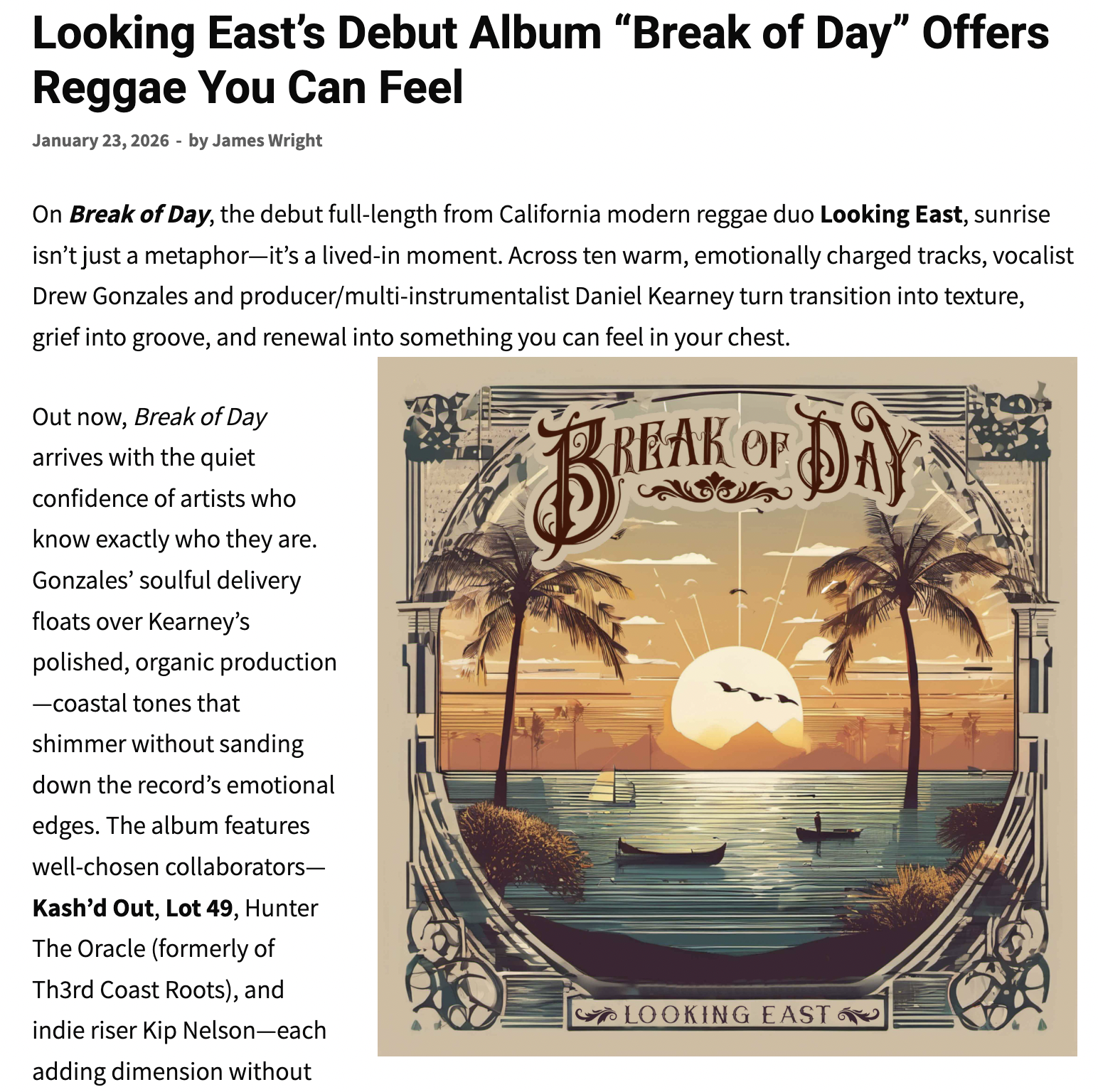Album cover of 'Break of Day' by Looking East featuring a sunset scene with a large sun, palm trees, and boats on the water.
