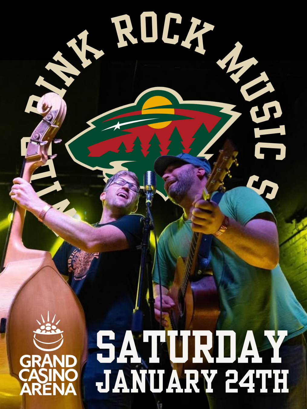 Promotional image featuring two musicians playing guitars on stage during a live performance overlayed on a Minnesota Wild logo.