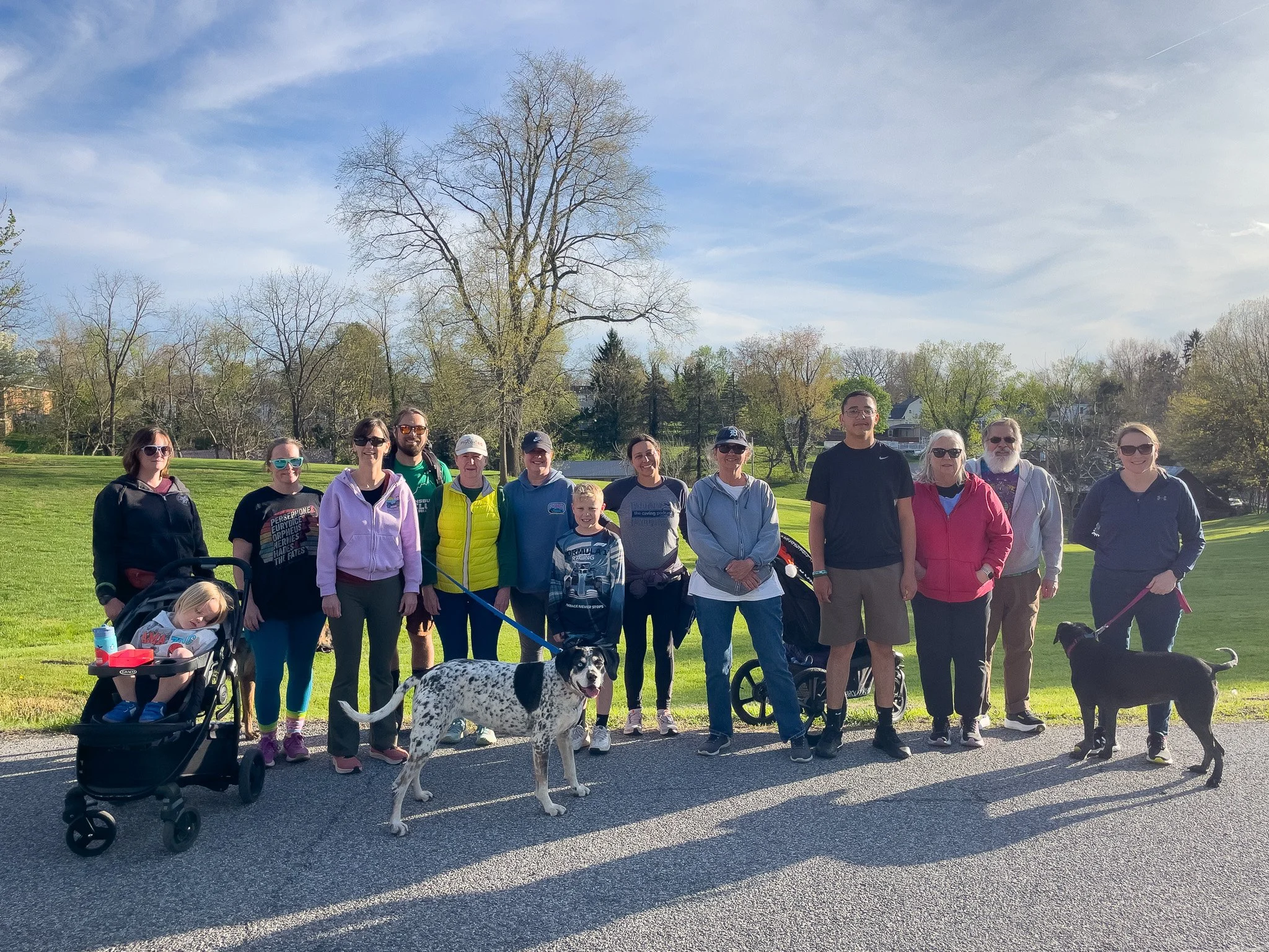 A group of 15 people, including children and adults, standing outdoors on a sunny day in a park with green grass and trees, some wearing sunglasses, with dogs and a stroller, posing for a photo.