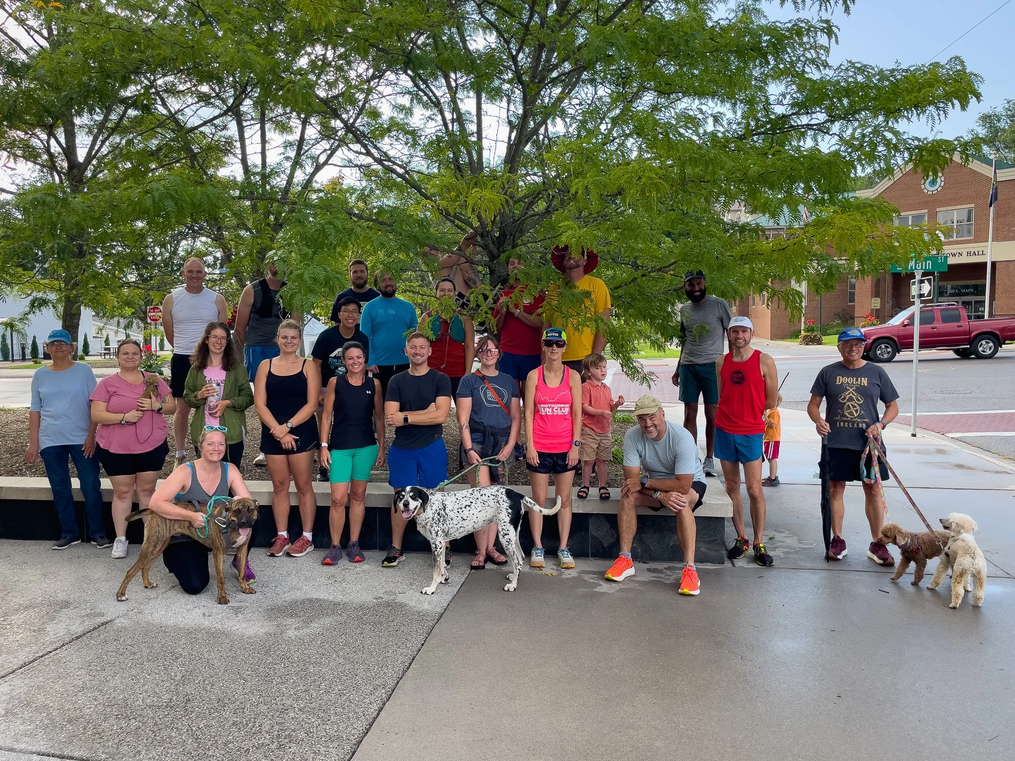 Group of people, some with dogs, gathering outdoors under a large leafy tree near a sidewalk and street, in front of a brick building with a sign for Town Hall, on a cloudy day.