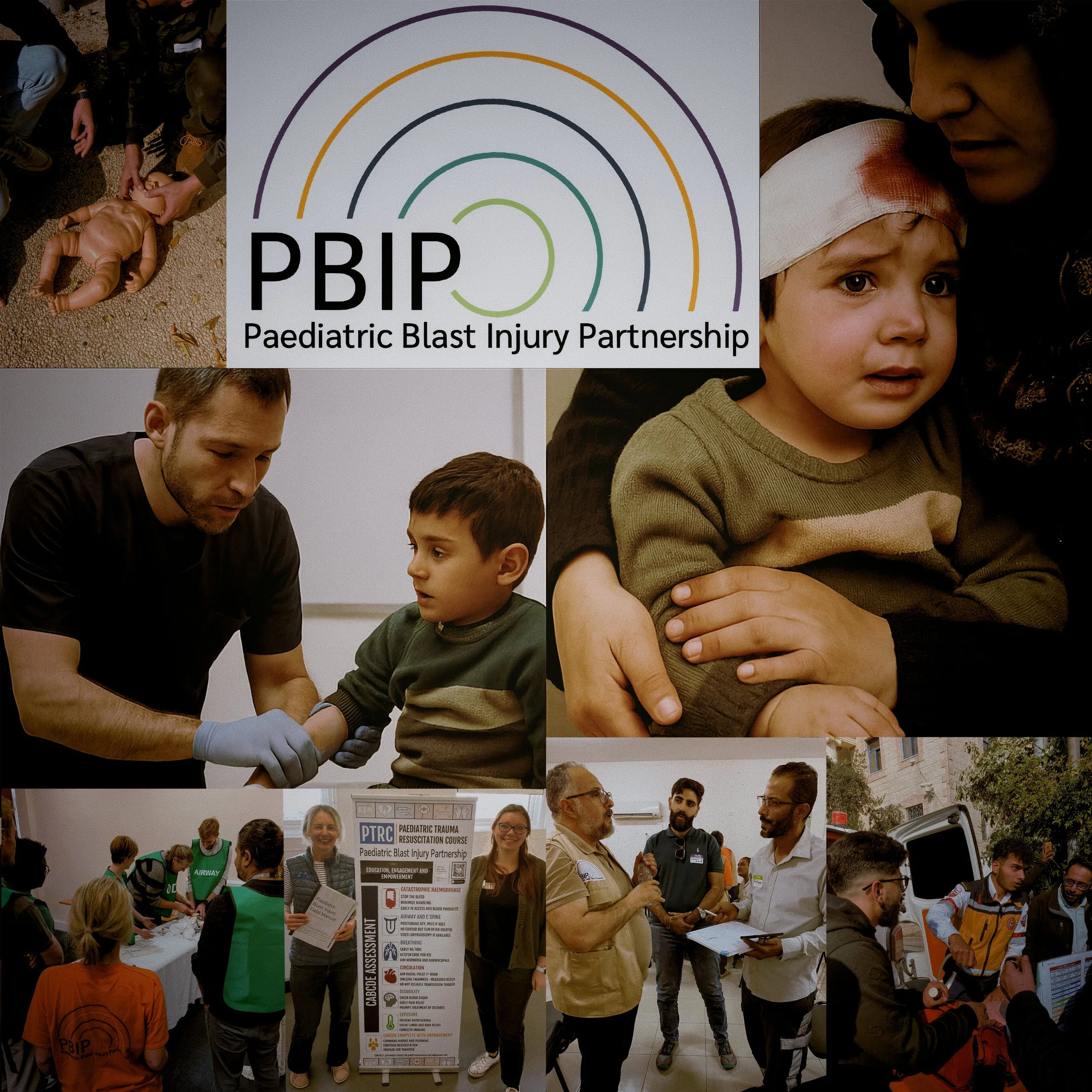 A collage of images showing medical personnel and children during a paediatric trauma training event organized by Paediatric Blast Injury Partnership (PBIP), featuring scenes of medical assessments, training sessions, and emergency response activities.