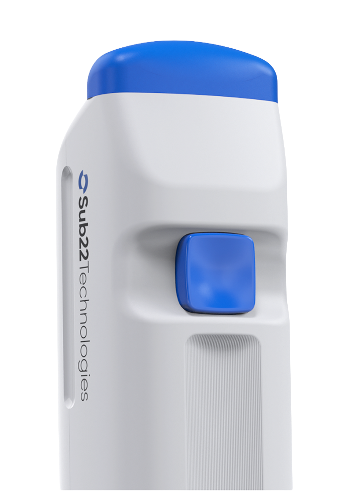 Close-up of the OVI smart eye dropper. The device is white with ergonomic features, a large blue button and blue rest used for stability while dropping.