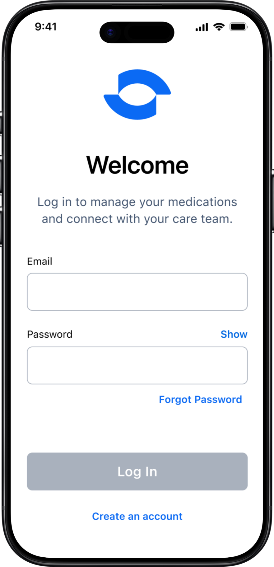 Mobile app login screen for managing medications, with fields for email and password, and options to show password, reset password, or create a new account.