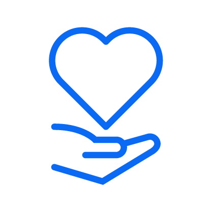 Outline of a heart above an open hand, all in blue.