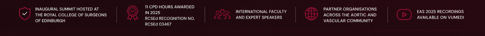 Event banner with details about an inaugural summit at Royal College of Surgeons, Edinburgh, including awards, faculty, partner organizations, and recordings available on VUMEDI.