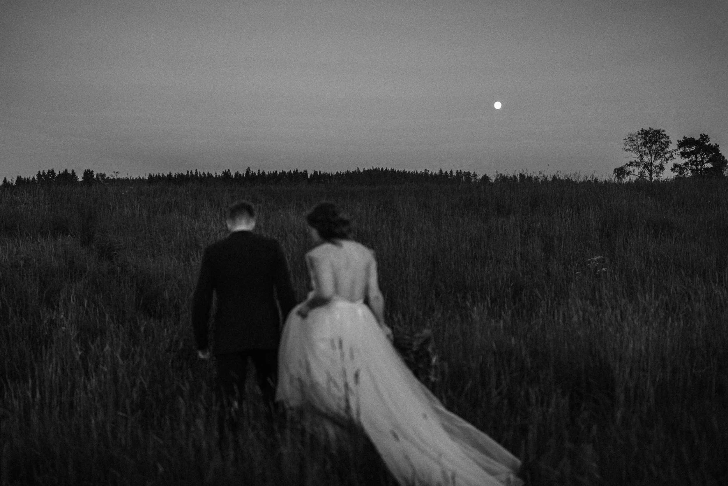Bride and groom walking through field at dusk, monochrome