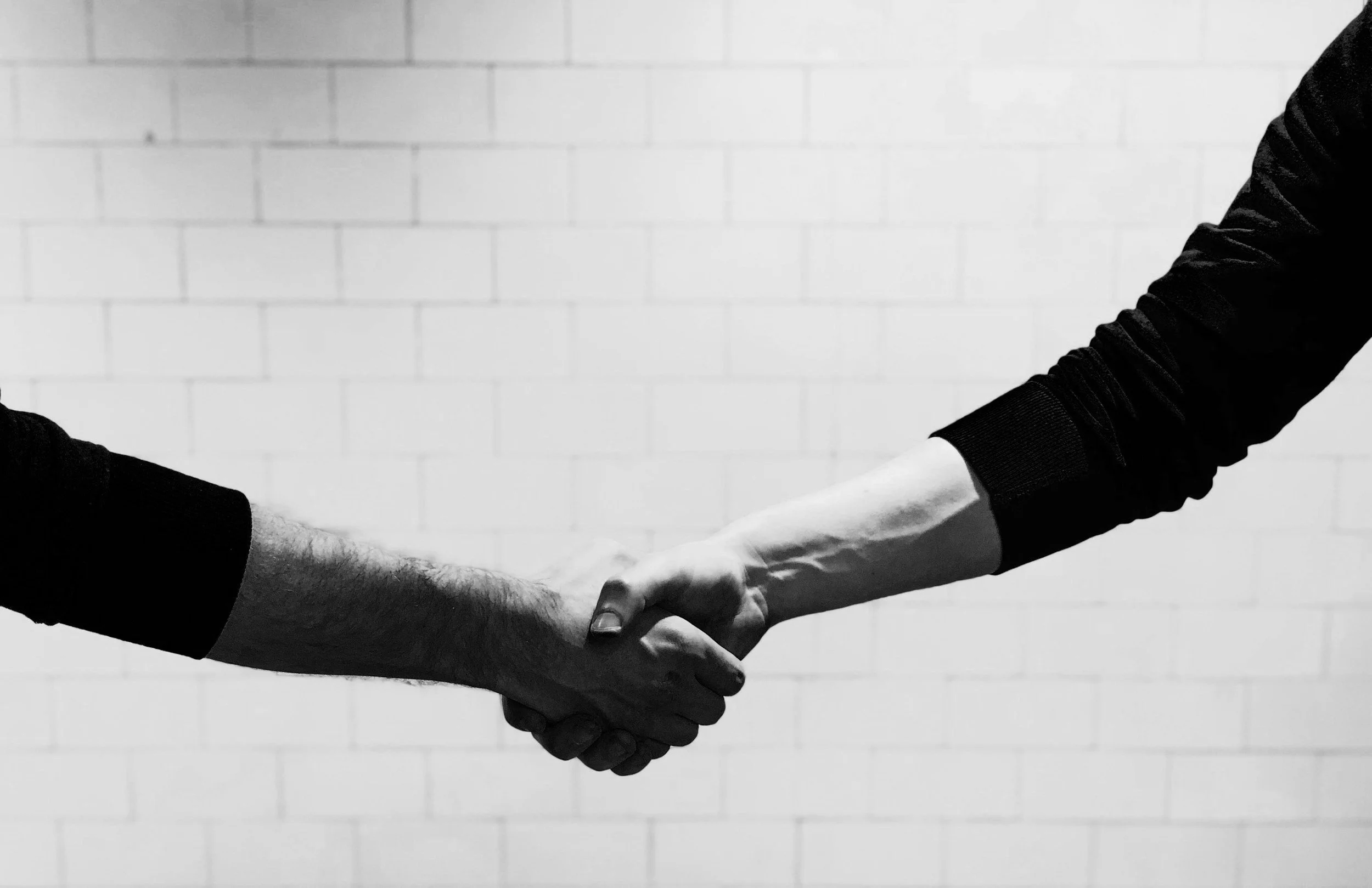Black and white photo of a handshake against a brick wall background.