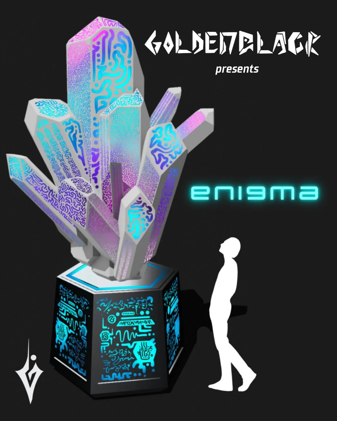 We are elated to announce our latest interactive sculpture, ENIGMA. 

This is a dream come true. 

Made entirely from metal, this power crystal is simply the beginning (and ending) to a much larger story at play. 

It is the continuation, and complet