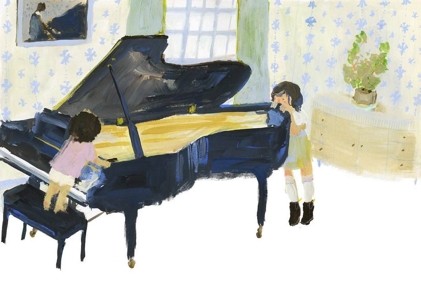 A painting of two children playing a piano in a bright room with patterned wallpaper, a window, and a potted plant, with a portrait on the wall.