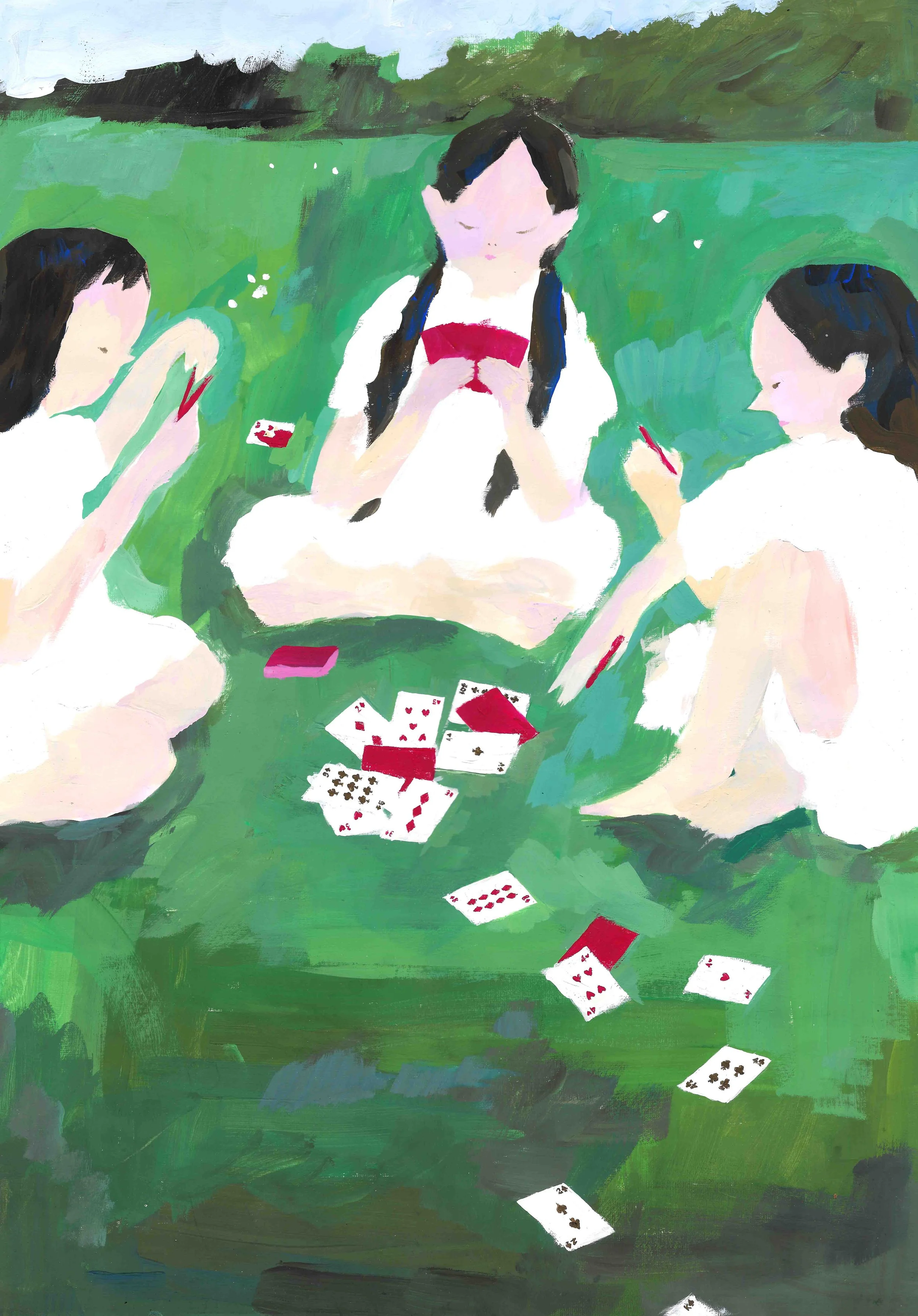 A painting of three girls playing cards on a grassy field, with a backdrop of trees and sky. The girls are wearing white and have dark hair. Cards are scattered on the ground in front of them.