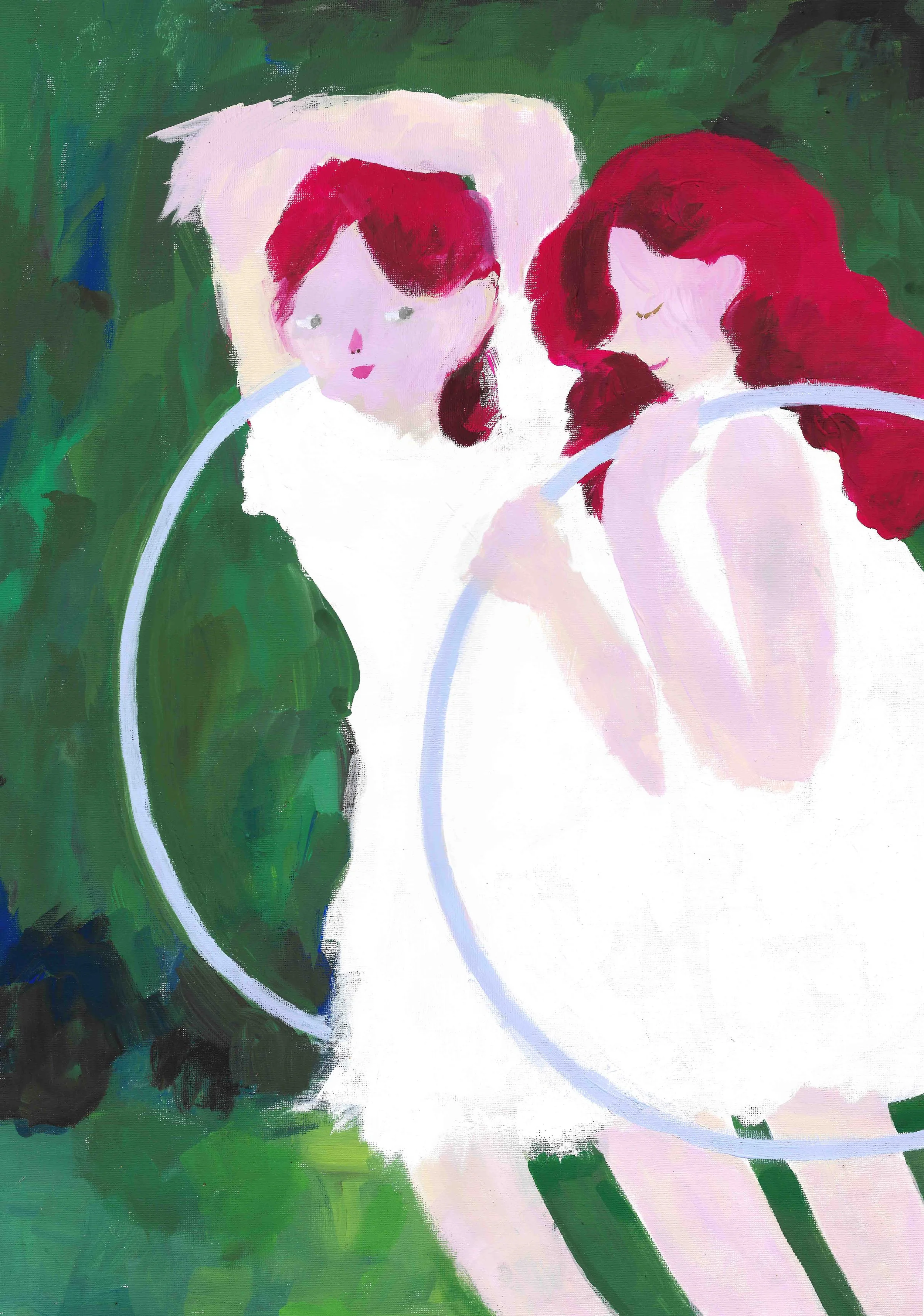 An abstract painting of two women with red hair, one with a white head covering. Green and pink background with visible brushstrokes.