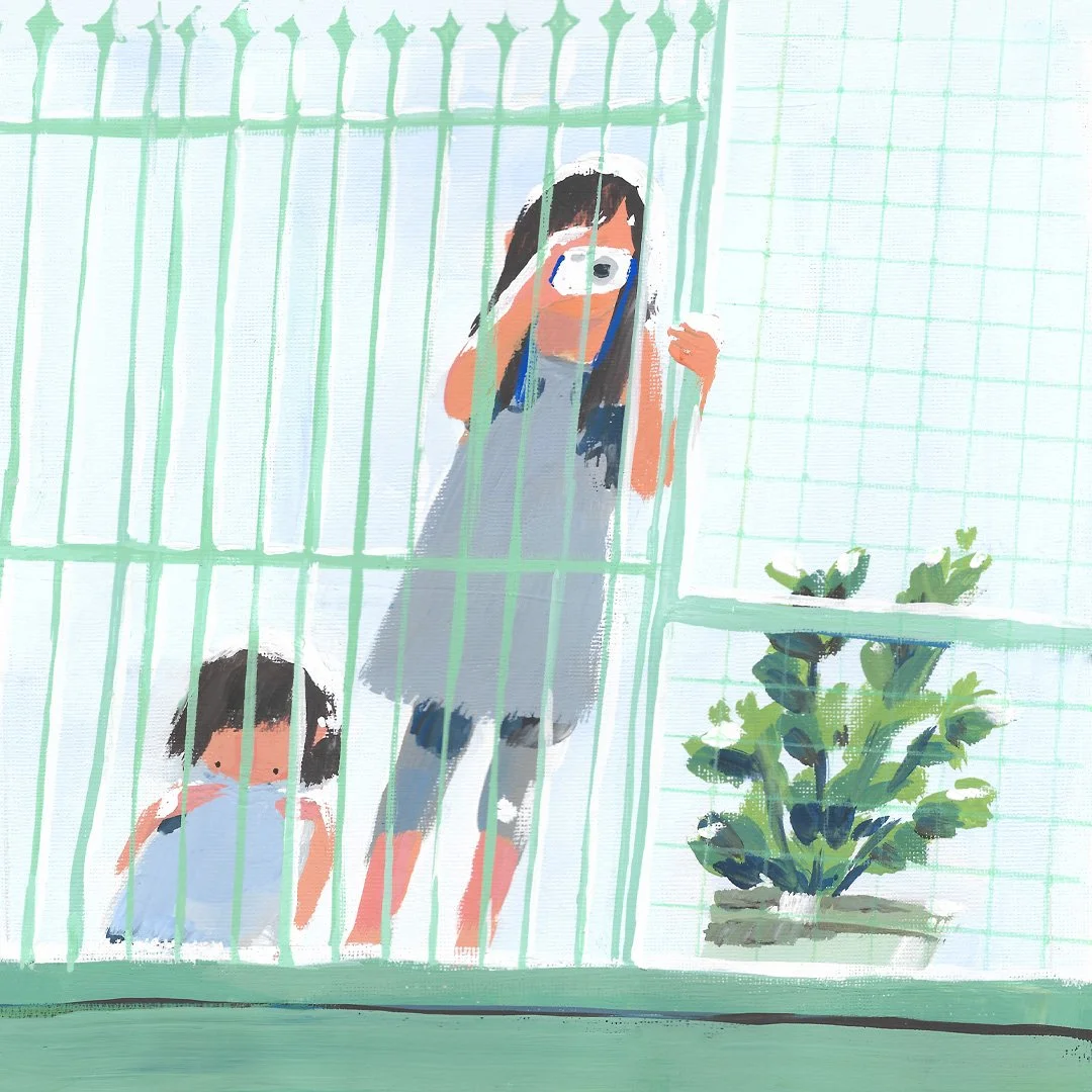 Drawing of two children behind a green metal fence, one standing and one sitting, with a plant on the right side.
